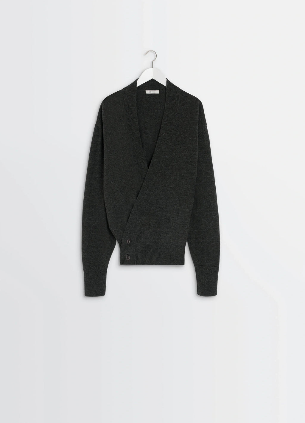 Lemaire Wrap Cardigan in Dark Wool Alpaca Blend, product shot, hanger display shot v-neck with button closure
