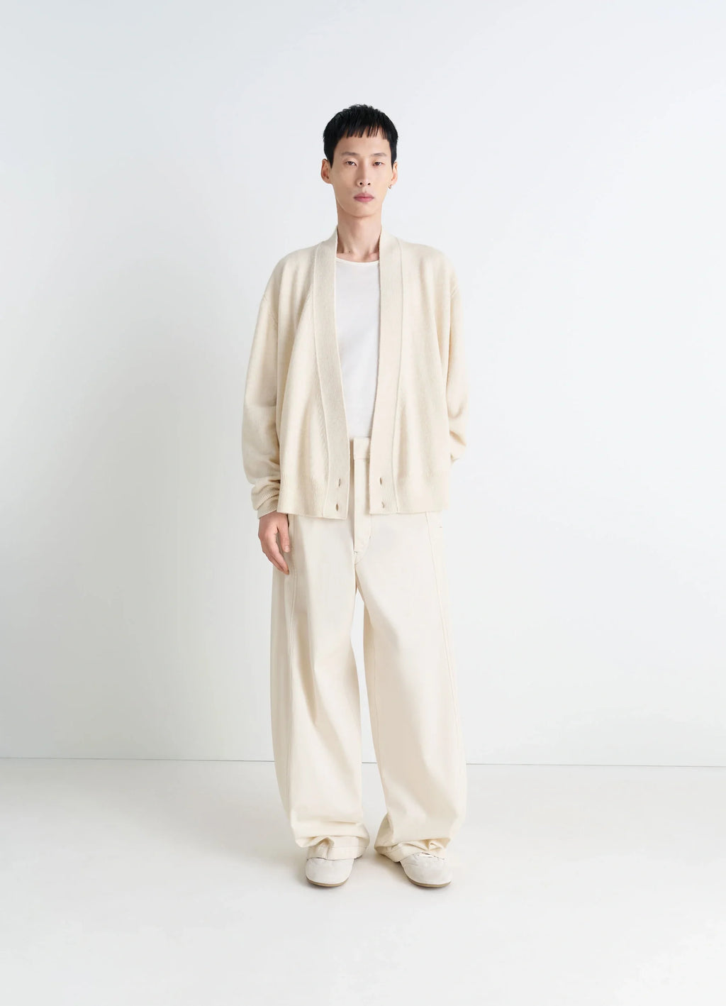 Lemaire Wrap Cardigan in Ivory Wool Alpaca, model shot, front view open front long sleeves