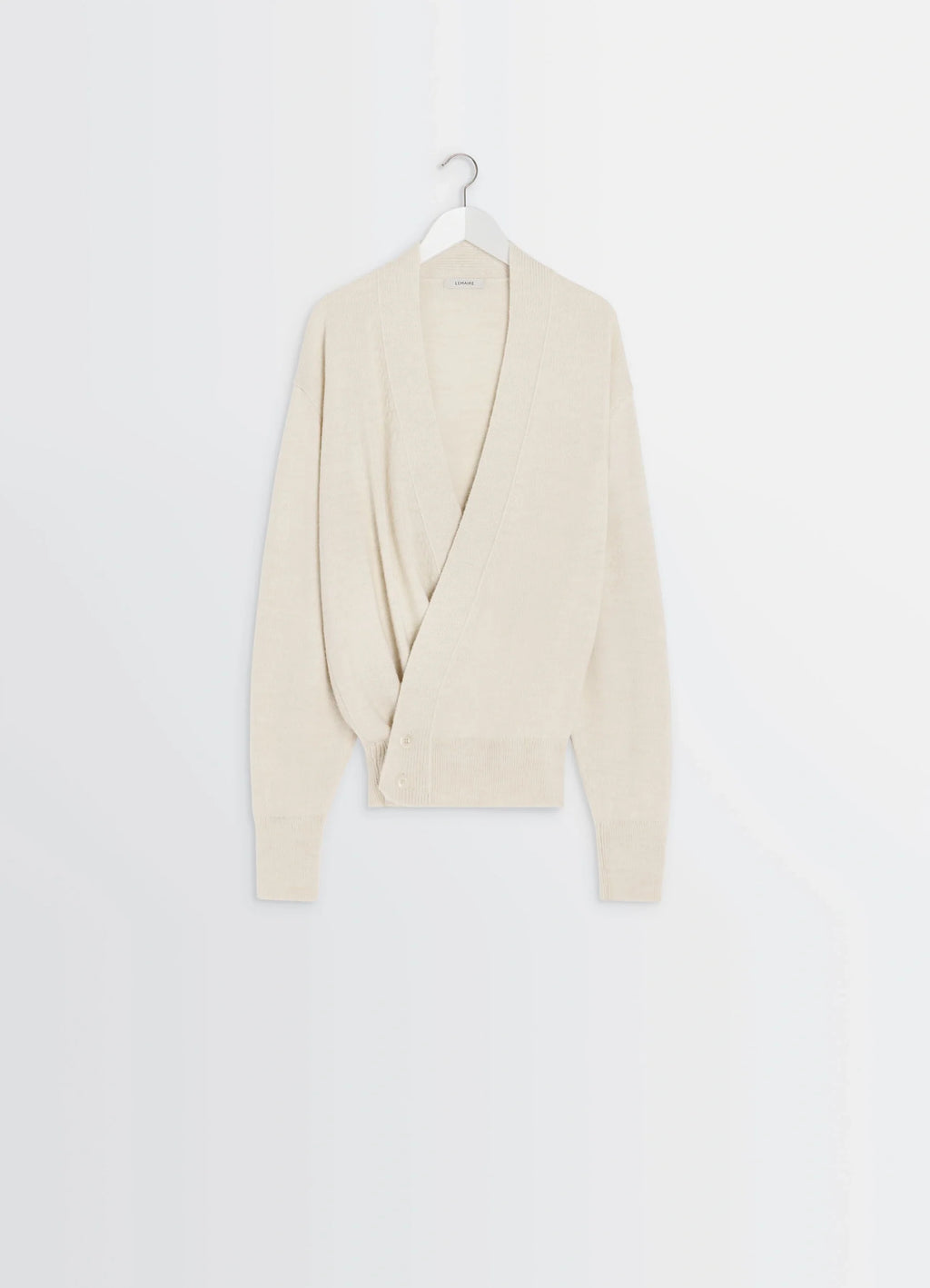 Lemaire Wrap Cardigan in Ivory Wool Alpaca, product shot, hanging front view single-button closure visible