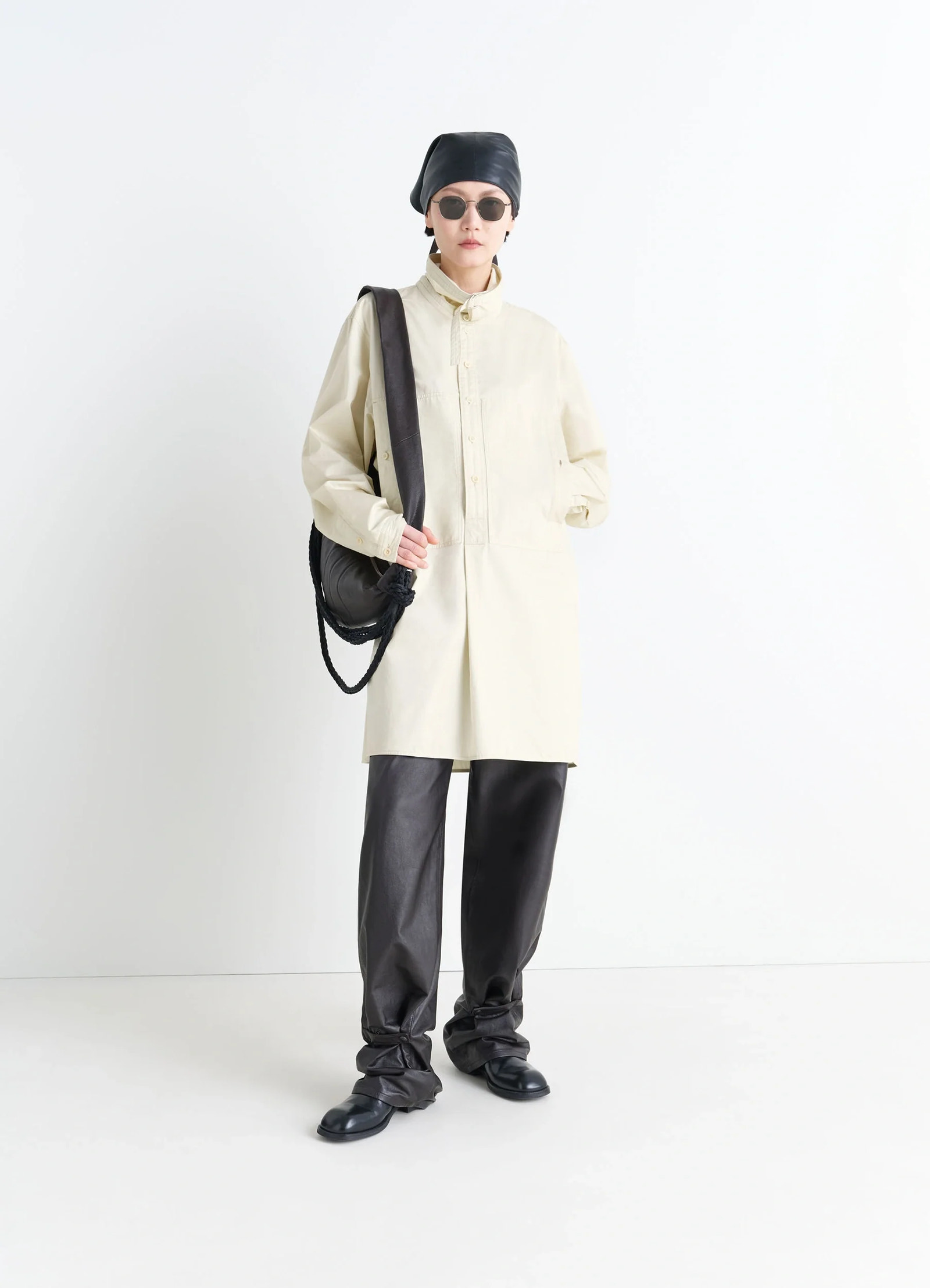 チェストポケット ロングシャツ - Rice Paper - ライトコットンサテン チェストポケット ロングシャツ - Rice Paper - ライトコットンサテン