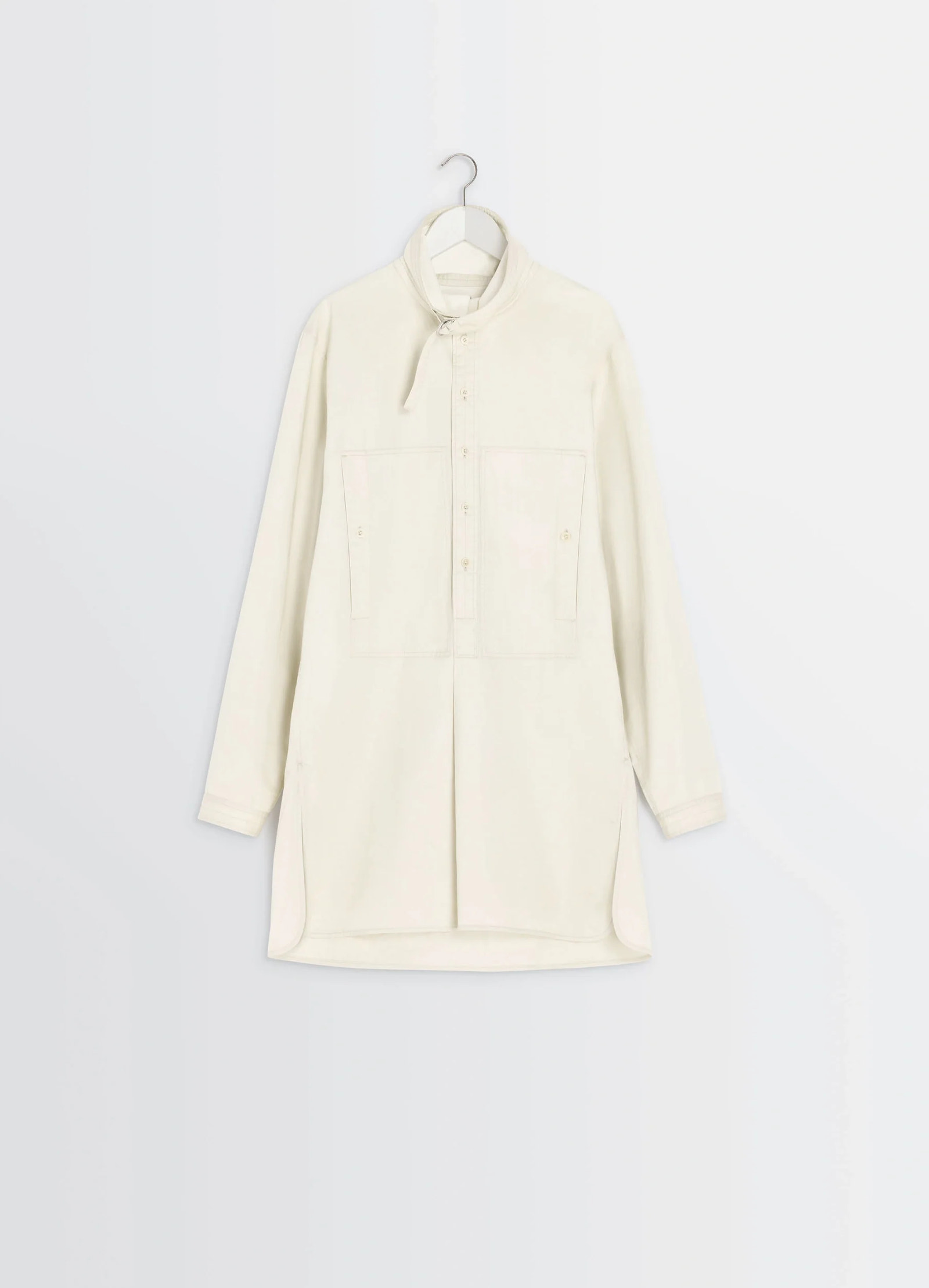 Lemaire chest pocket long liquette in lightweight satin cotton, product shot, hanging view adjustable tab collar shown