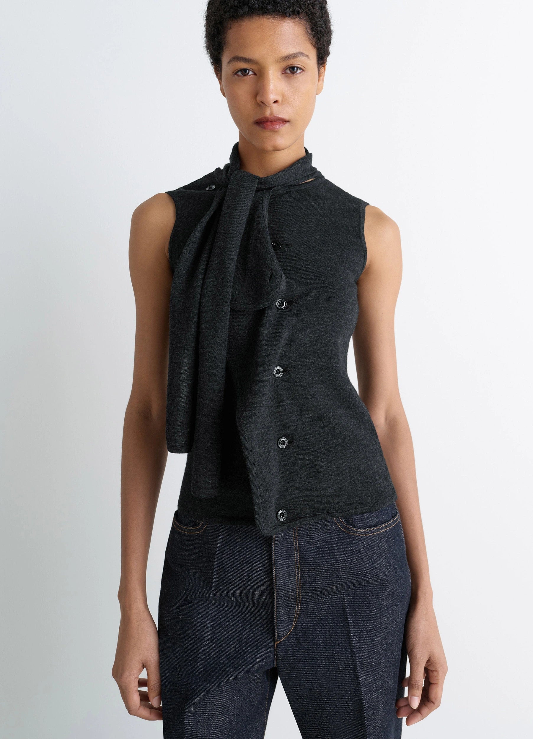 ASYMMETRICAL SLEEVELESS CARDIGAN - Anthracite - Merino Blend