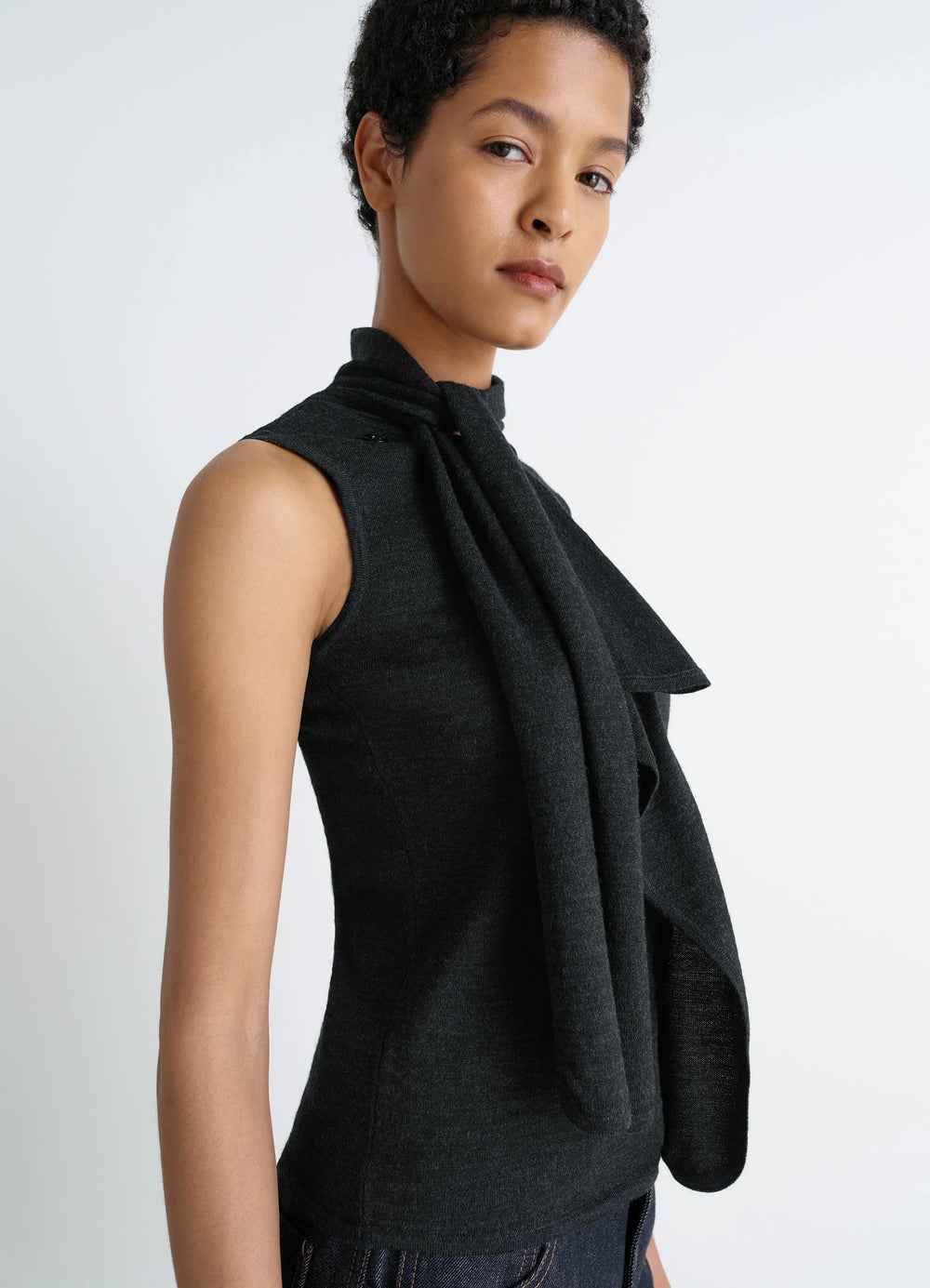 Lemaire Asymmetrical Sleeveless Car in Blended Merino Wool, model shot, three-quarter view draped neckline, close fit