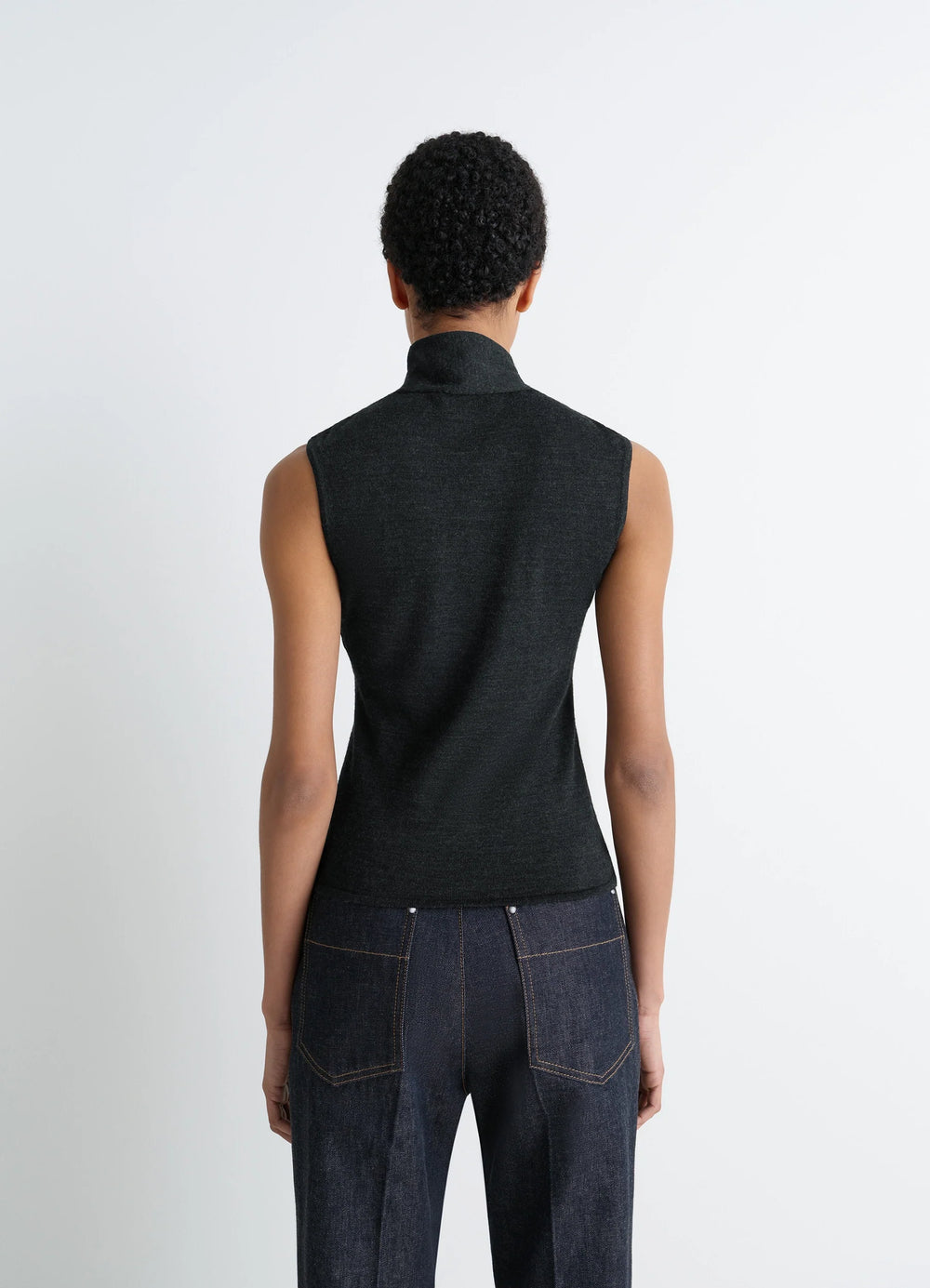 Lemaire Asymmetrical Sleeveless Car in Blended Merino Wool, model shot, back view turtleneck sleeveless fit