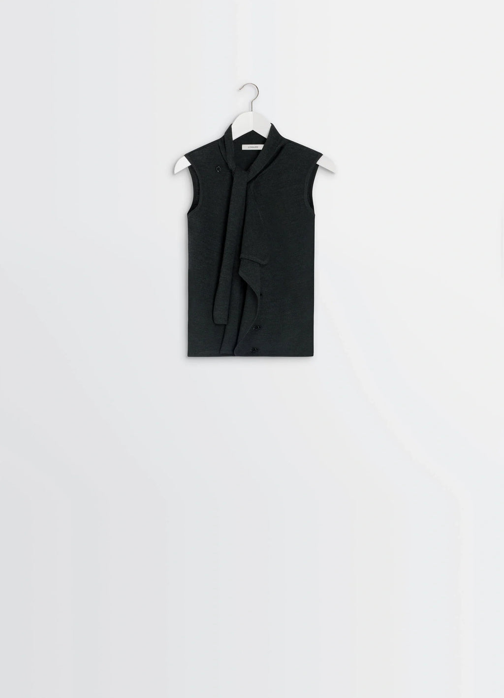 Lemaire Asymmetrical Sleeveless Car in Blended Merino Wool, product shot, hanging view buttoned draped
