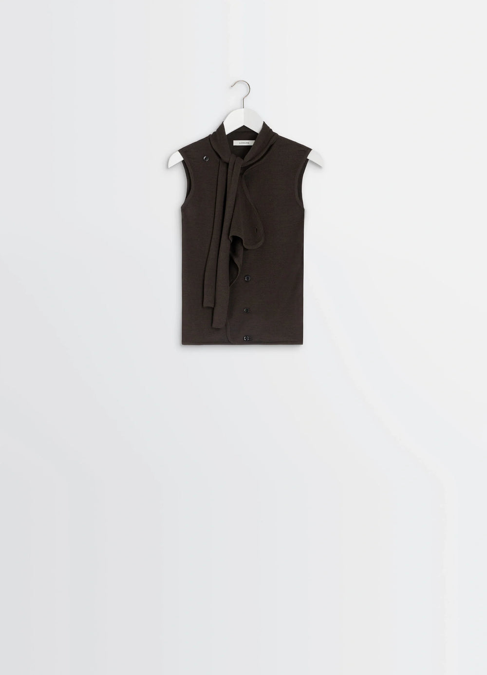 Lemaire Asymmetrical Sleeveless Car in Blended Merino Wool, product shot, hanging front view scarf tie-neck sleeveless