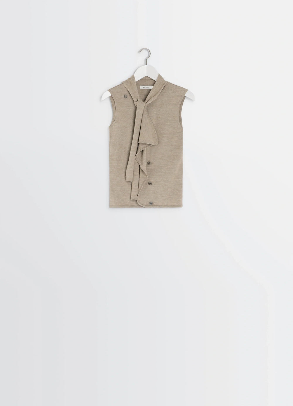 Lemaire Asymmetrical Sleeveless Car in Blended Merino Wool, product shot, hanging shot draped neckline buttons