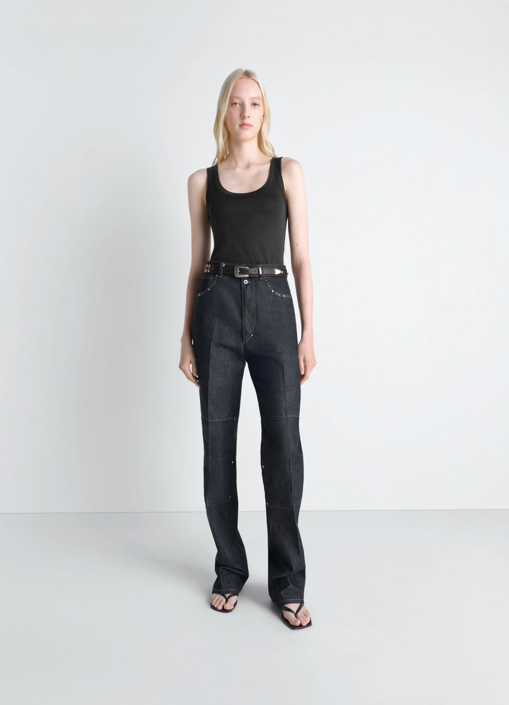 Lemaire Rib Tank Top in Black Cotton Jersey, model shot, three-quarter view scoop neckline