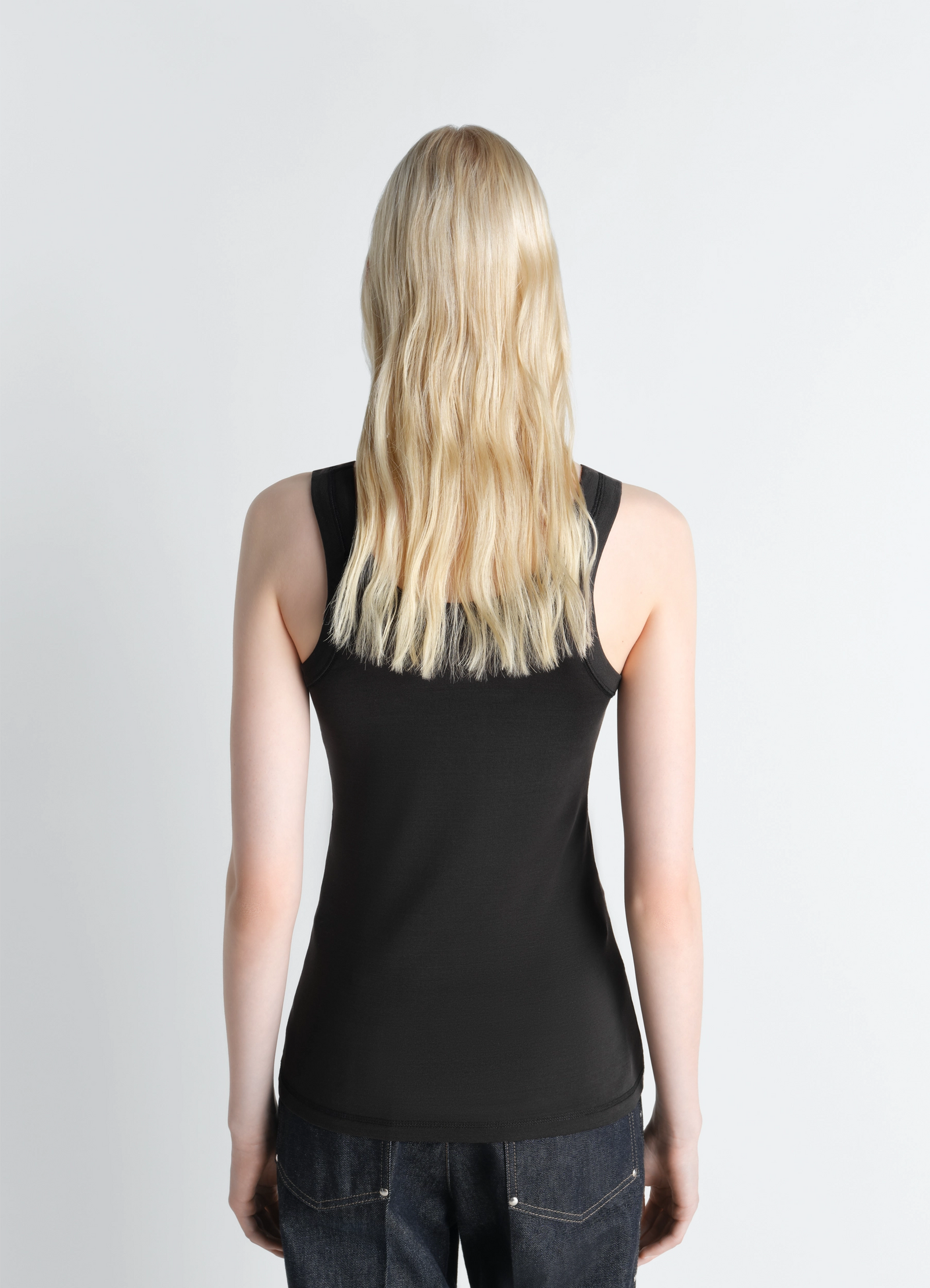 Lemaire rib tank top in black cotton jersey, model shot, back view sleeveless cut