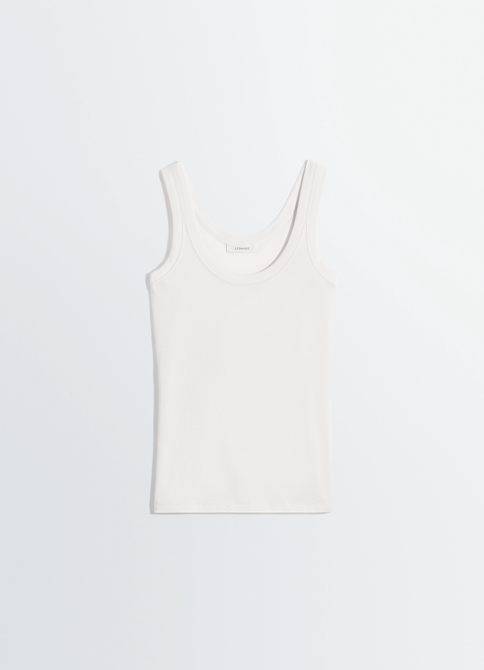 Lemaire rib tank top in cotton jersey white, product shot, overhead view scoop neck sleeveless