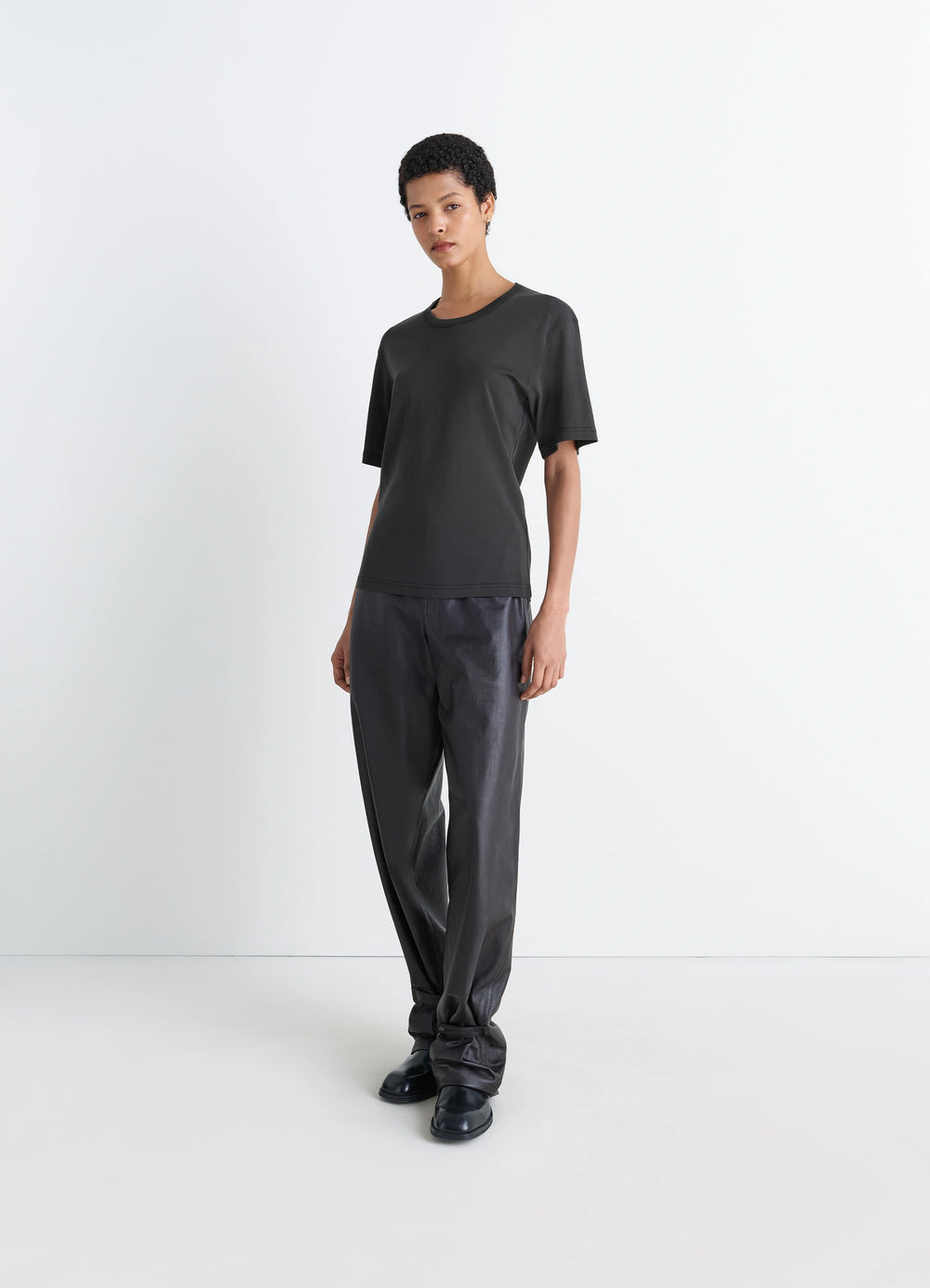 Lemaire Rib T-Shirt in Jersey in Mid-weight Cotton Jersey, model shot, three-quarter view fitted cut, crew neck