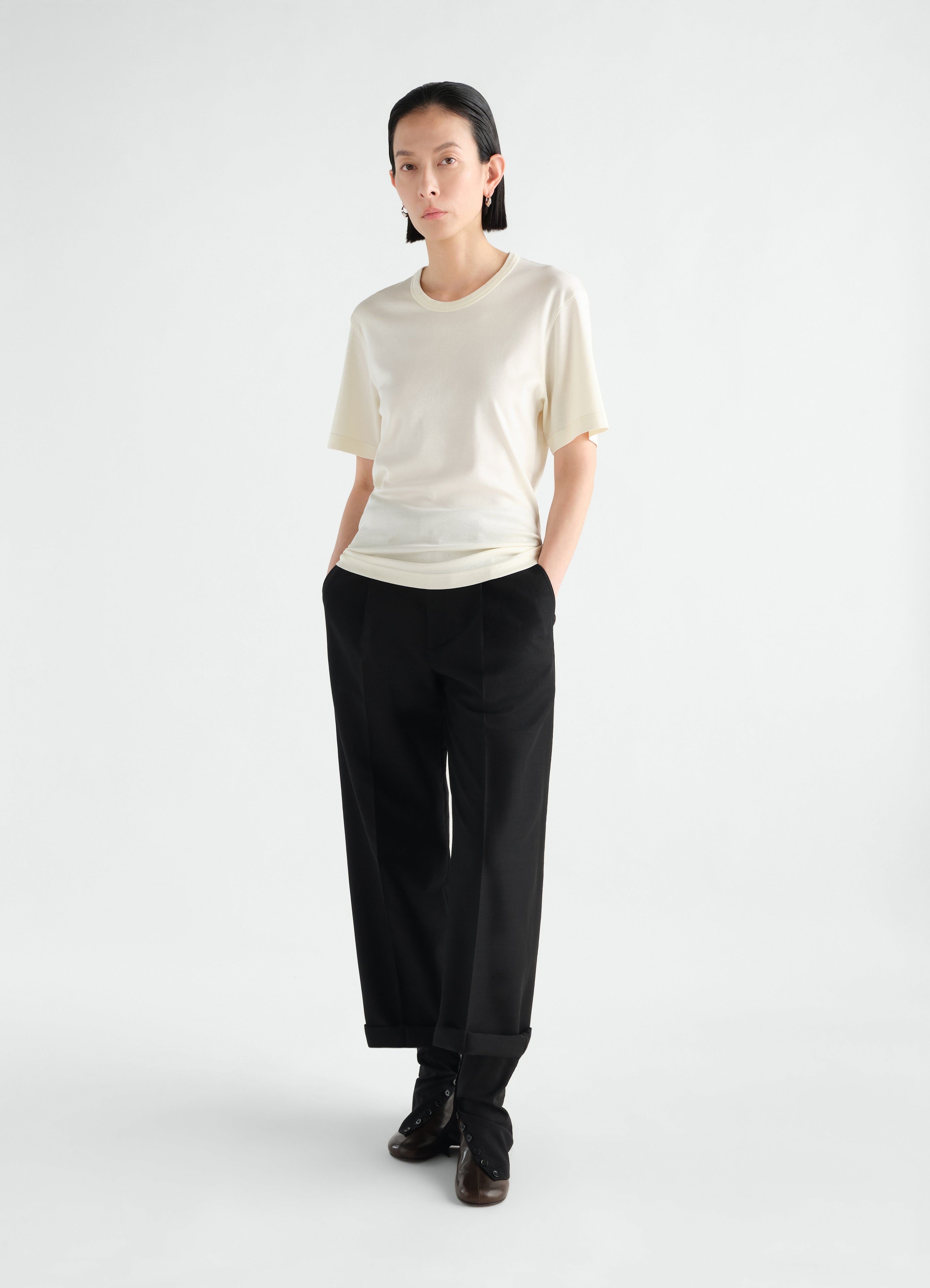 LEMAIRE ルメール FINE RIB T-SHIRT ファインリブTシャツ S IVORY 半袖 クルーネック カットソー トップス【中古】【LEMAIRE】 RIB T-SHIRT - Light Cream - Rib Jersey - Women | LEMAIRE