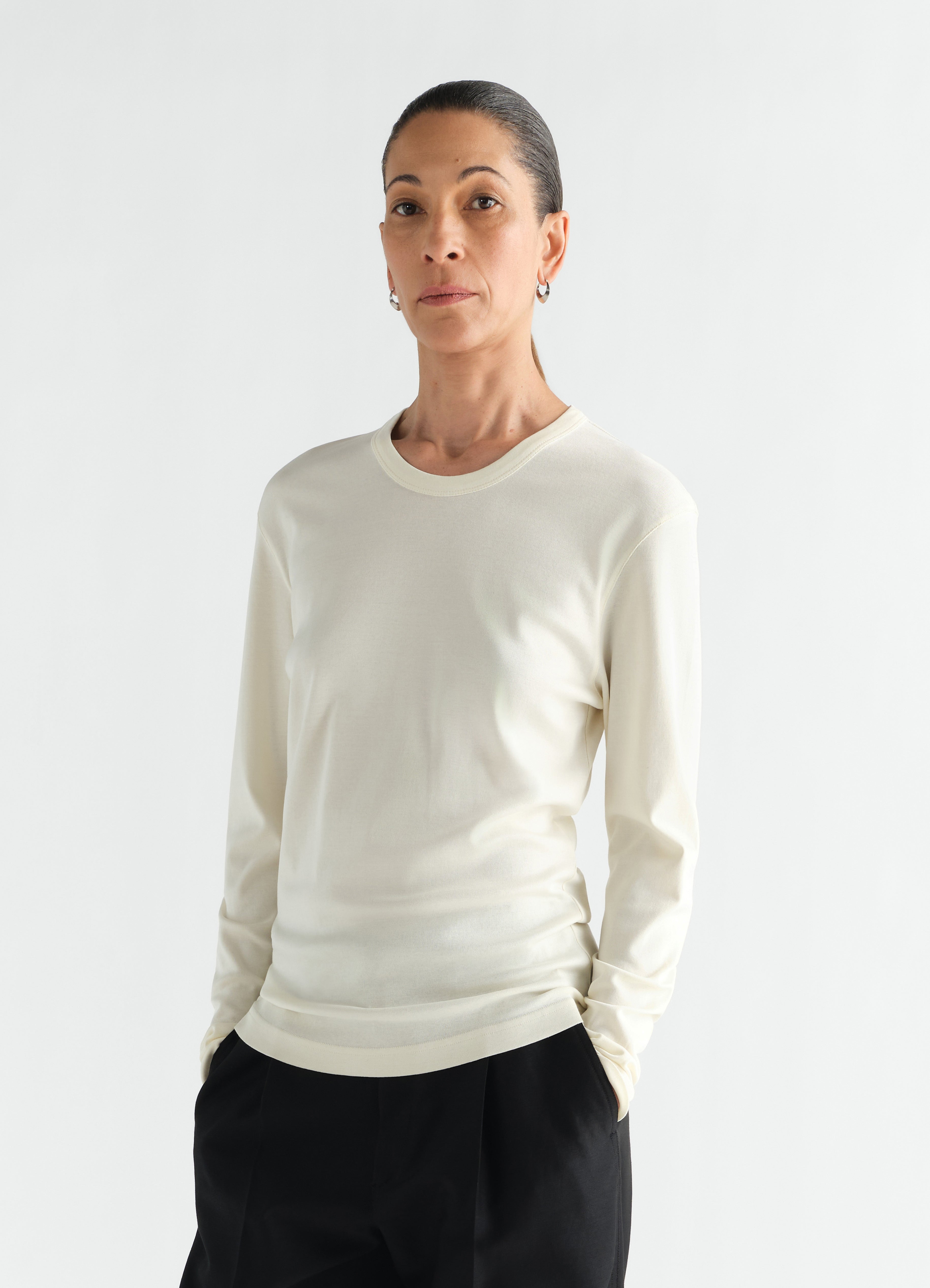 RIB LONG SLEEVE TOP IN JERSEY - Light Cream - Rib Jersey