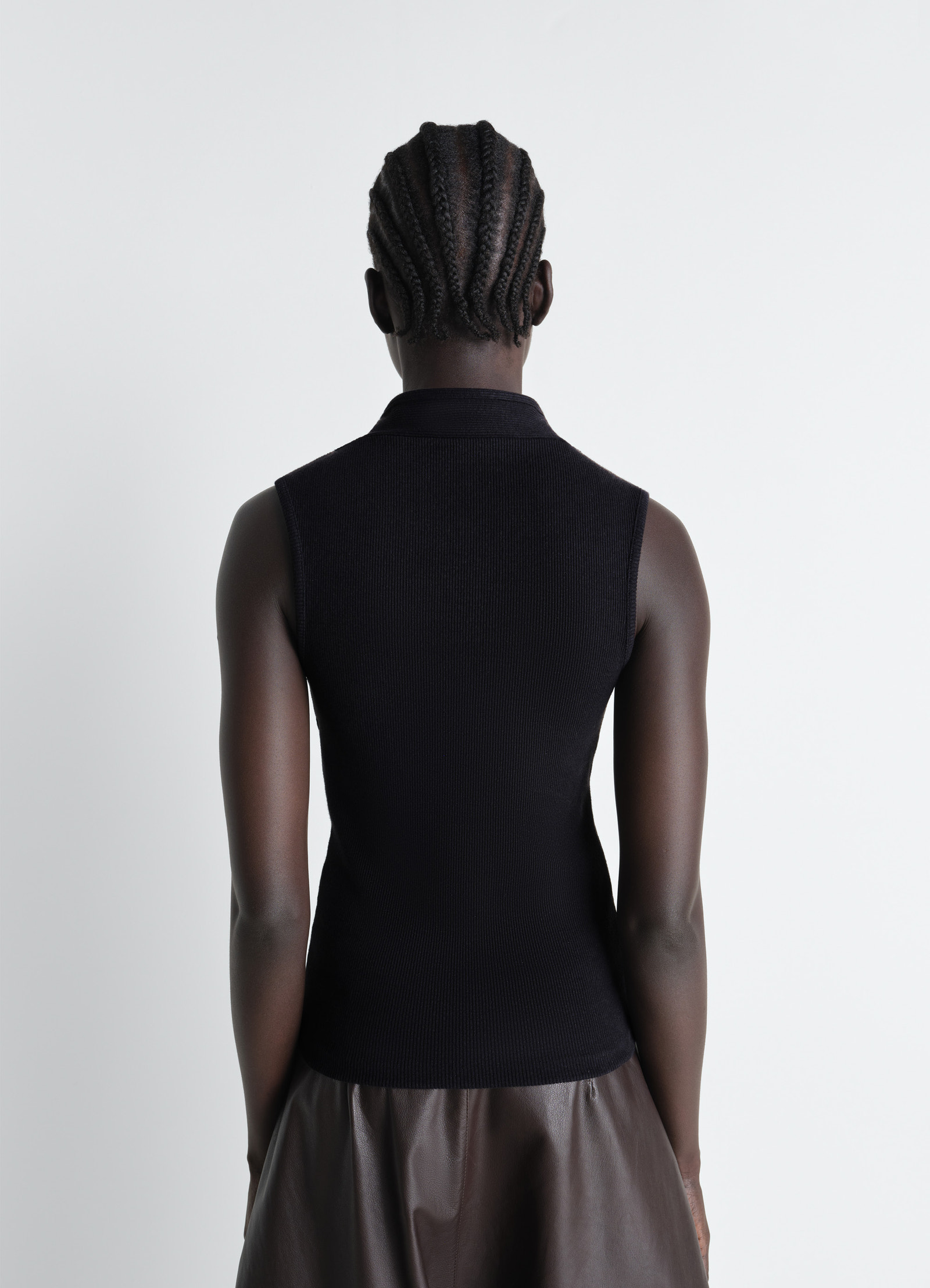 Asymmetrical fitted top in cotton lined rib jersey, model shot, back view collar, sleeveless