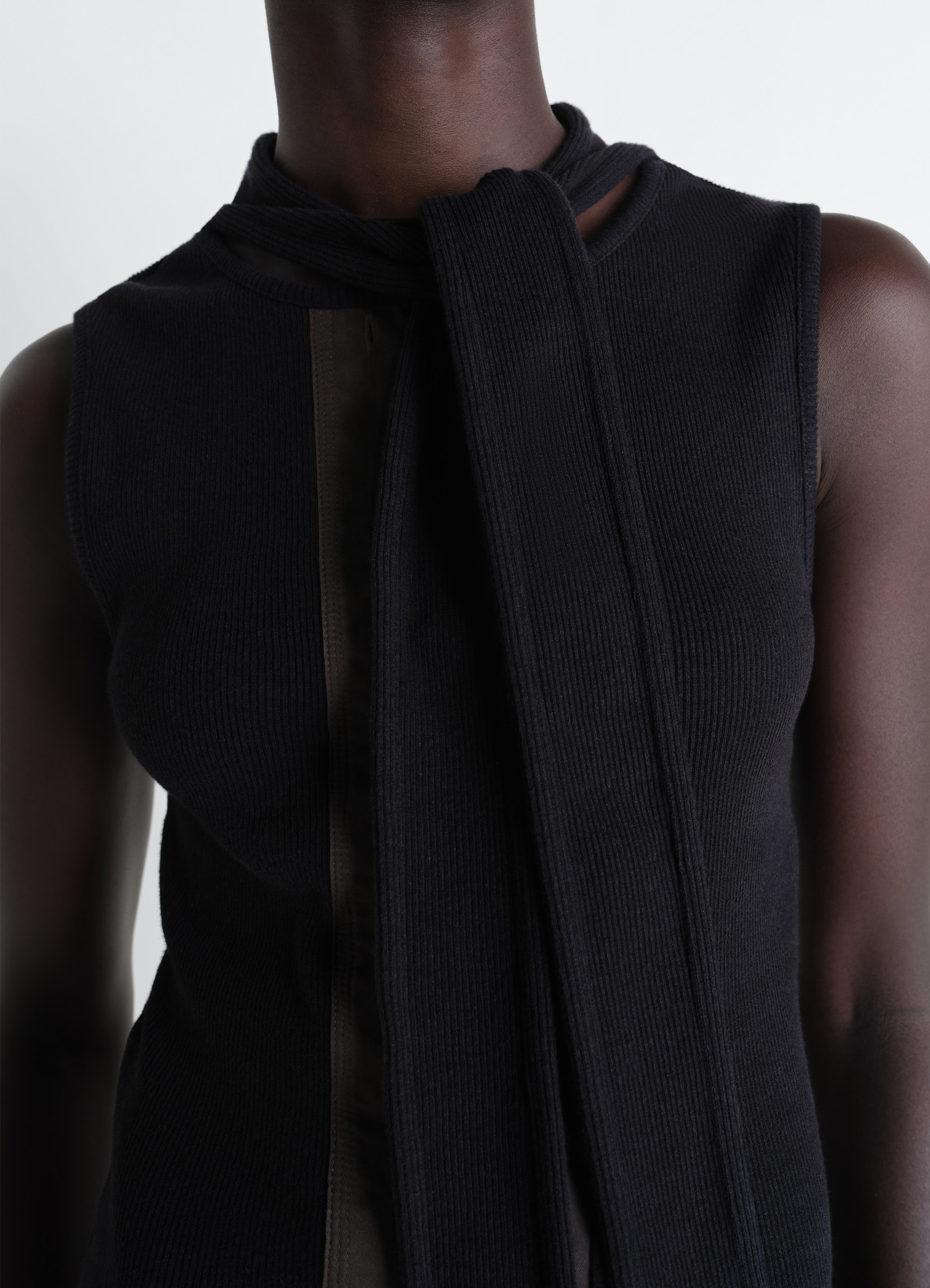 Asymmetrical fitted top in cotton lined rib jersey, model shot, close-up detail view integrated scarf, sleeveless