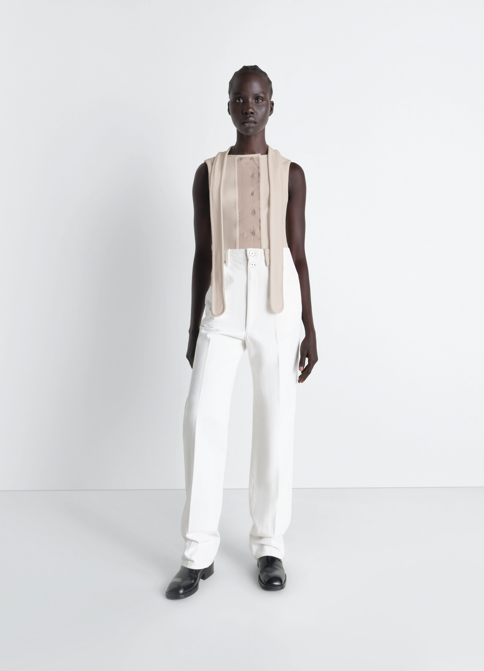 Asymmetrical fitted top in cotton lined rib jersey, model shot, front view fitted cut with scarf