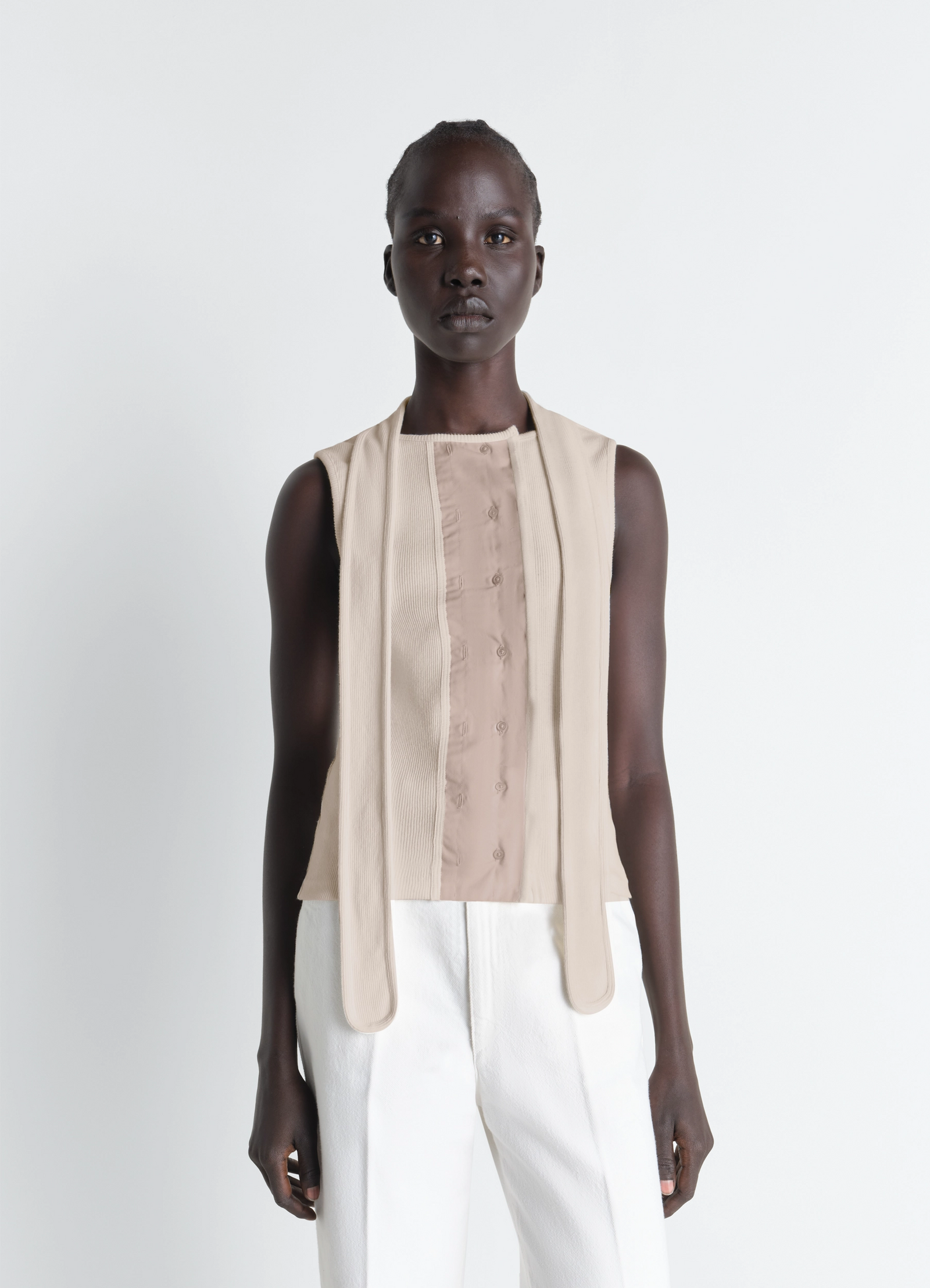 Asymmetrical fitted top in cotton lined rib jersey, model shot, front close-up sleeveless asymmetrical design