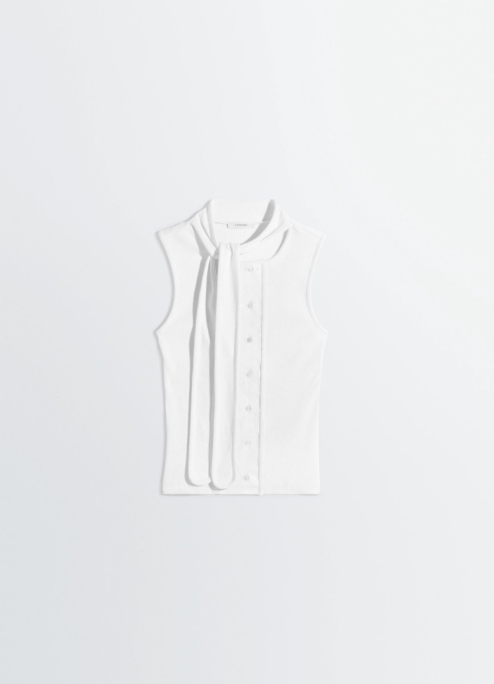 Asymmetrical fitted top in white cotton lined rib jersey, product shot, top-down view sleeveless with neck scarf view 4