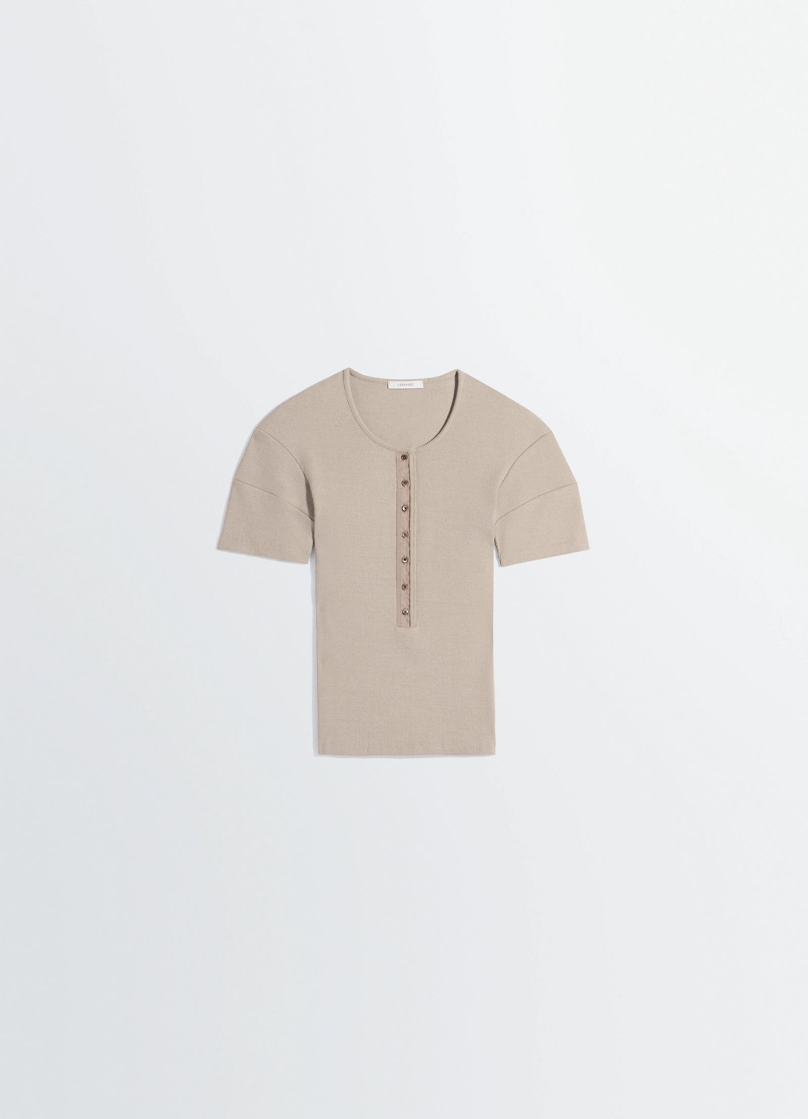Fitted henley in jersey in cotton linen rib jersey, product shot, top view ribbed texture, short sleeve