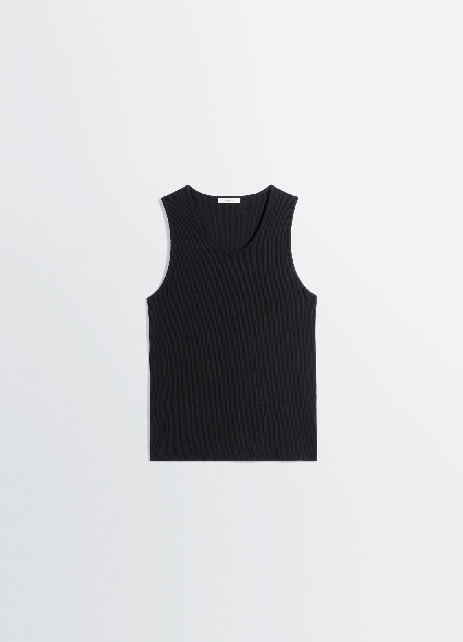 Lemaire rib tank top in black cotton jersey, product shot, top view ribbed texture