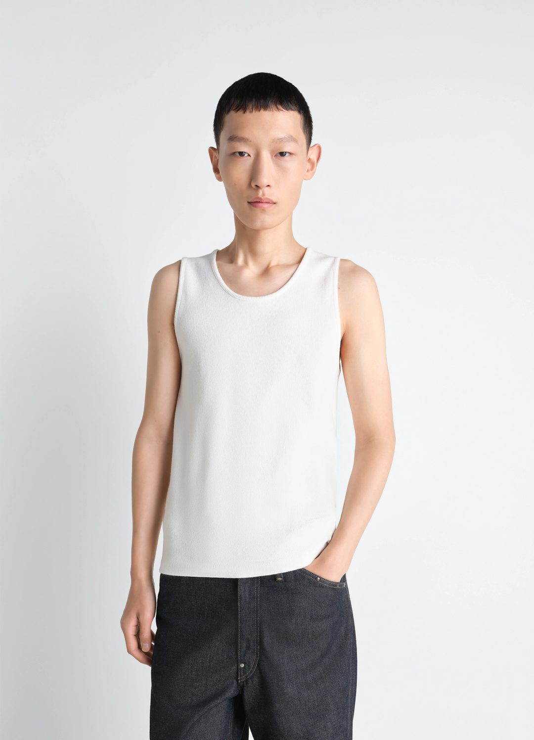 Rib Tank Top in White Ribbed Cotton Jersey, model shot, Front view Sleeveless fitted