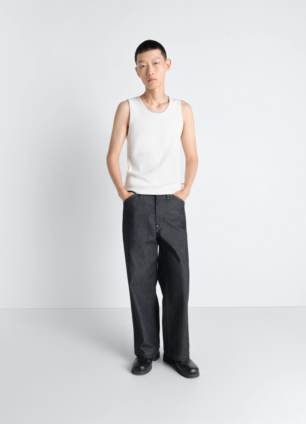Rib Tank Top in White Ribbed Cotton Jersey, model shot, side view relaxed cut