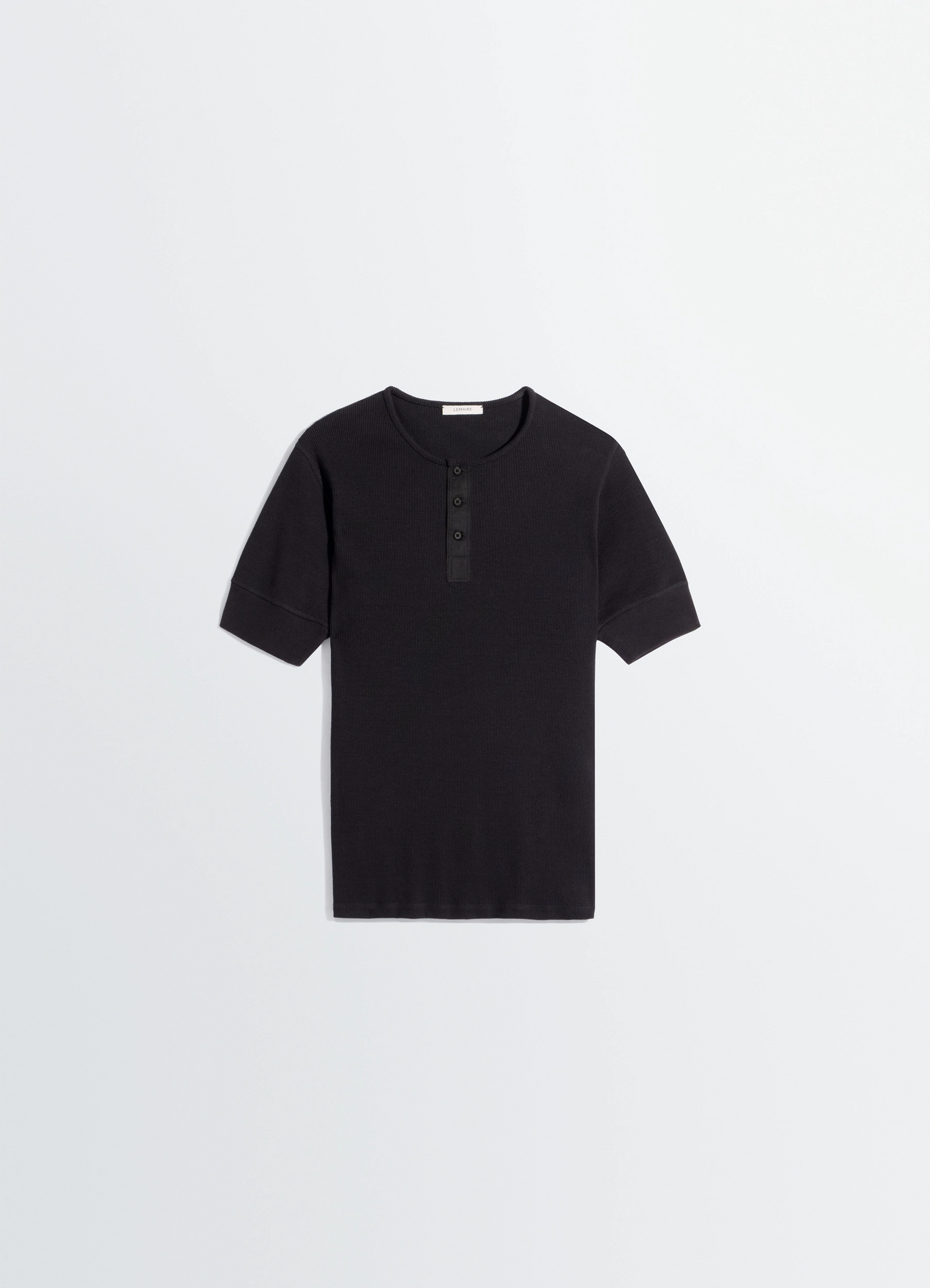 Lemaire rib henley top in ribbed cotton and linen jersey, product shot, back view buttoned placket