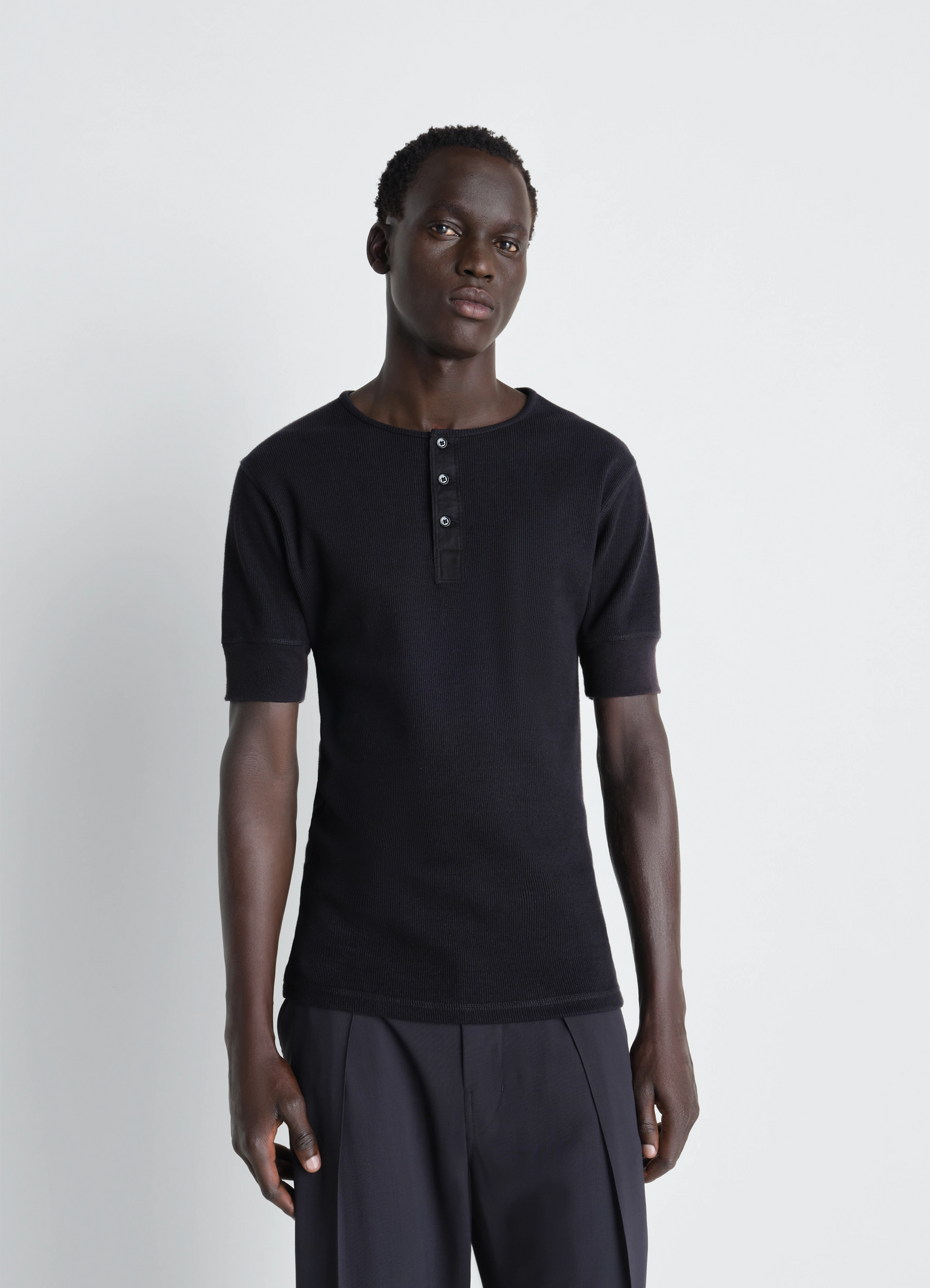 Lemaire rib henley top in ribbed cotton and linen jersey, model shot, front view short-sleeved fitted cut