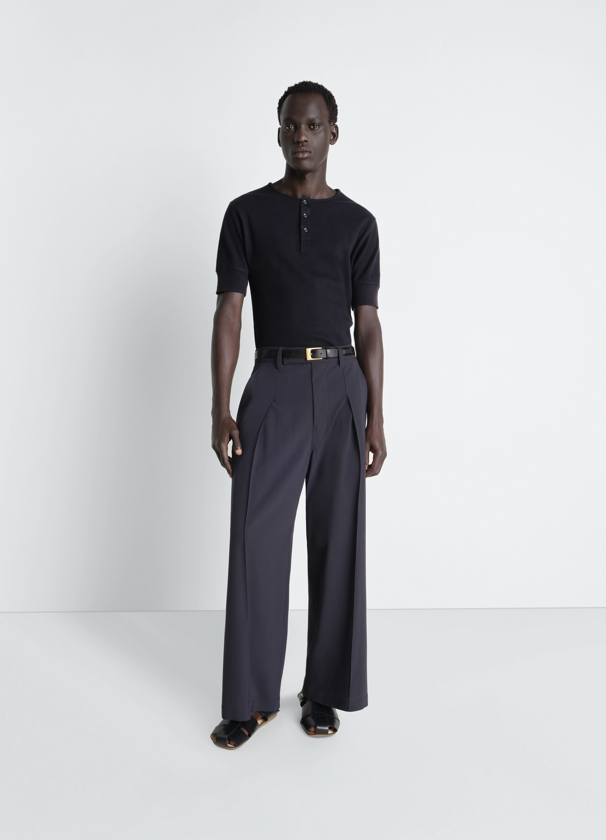 RIB HENLEY TOP IN JERSEY - Black - Cotton Linen Rib Jersey - Men