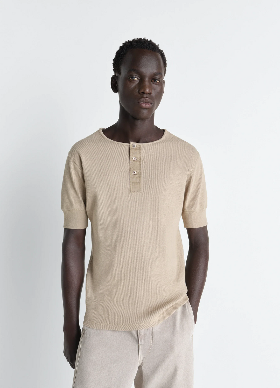 Lemaire Rib Henley Top in Beige Ribbed Cotton Linen, model shot, Front view Short-sleeved, fitted cut