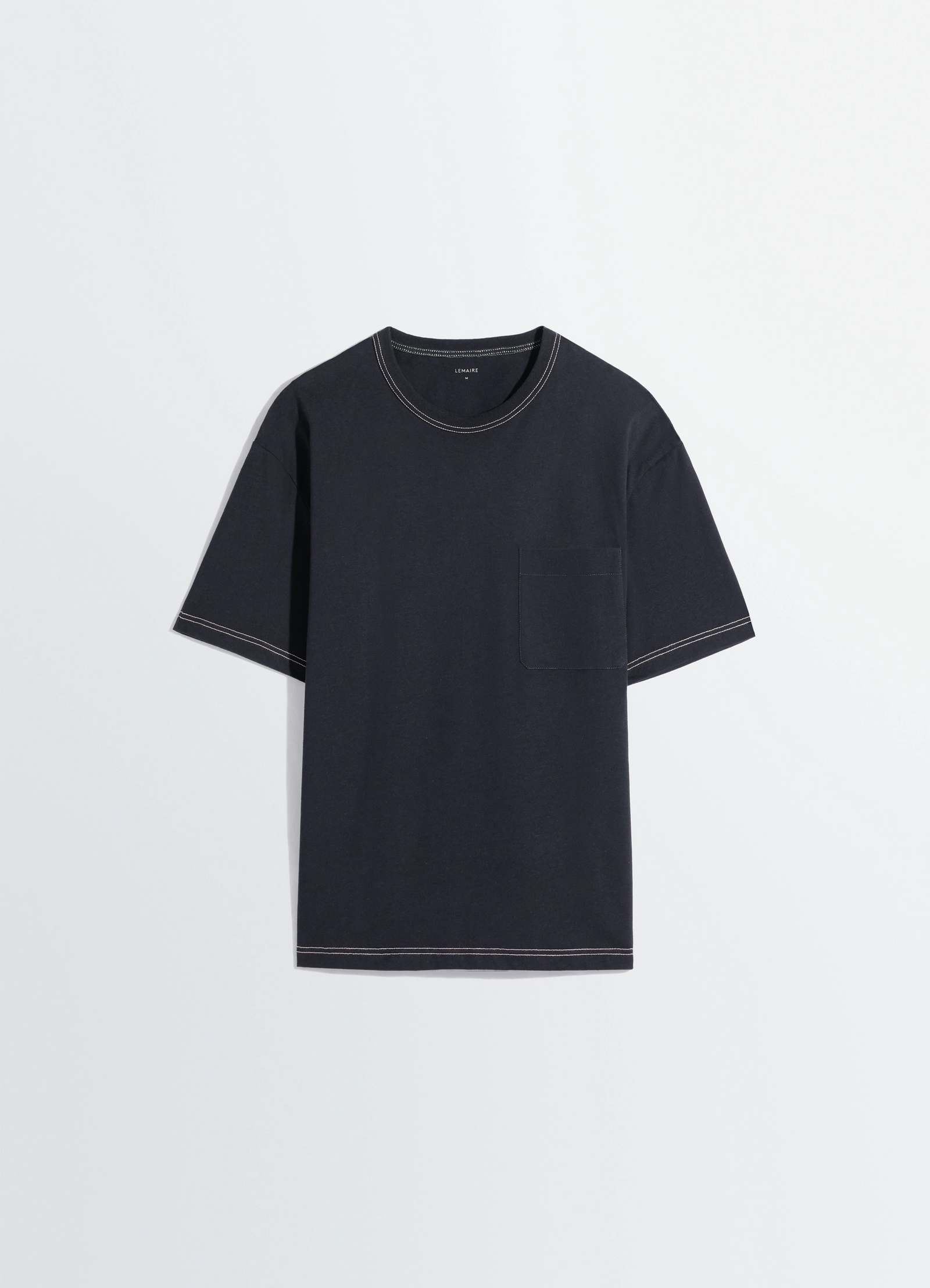 Lemaire boxy short sleeve t-shirt in linen cotton jersey, product shot, side angled view minimalist design