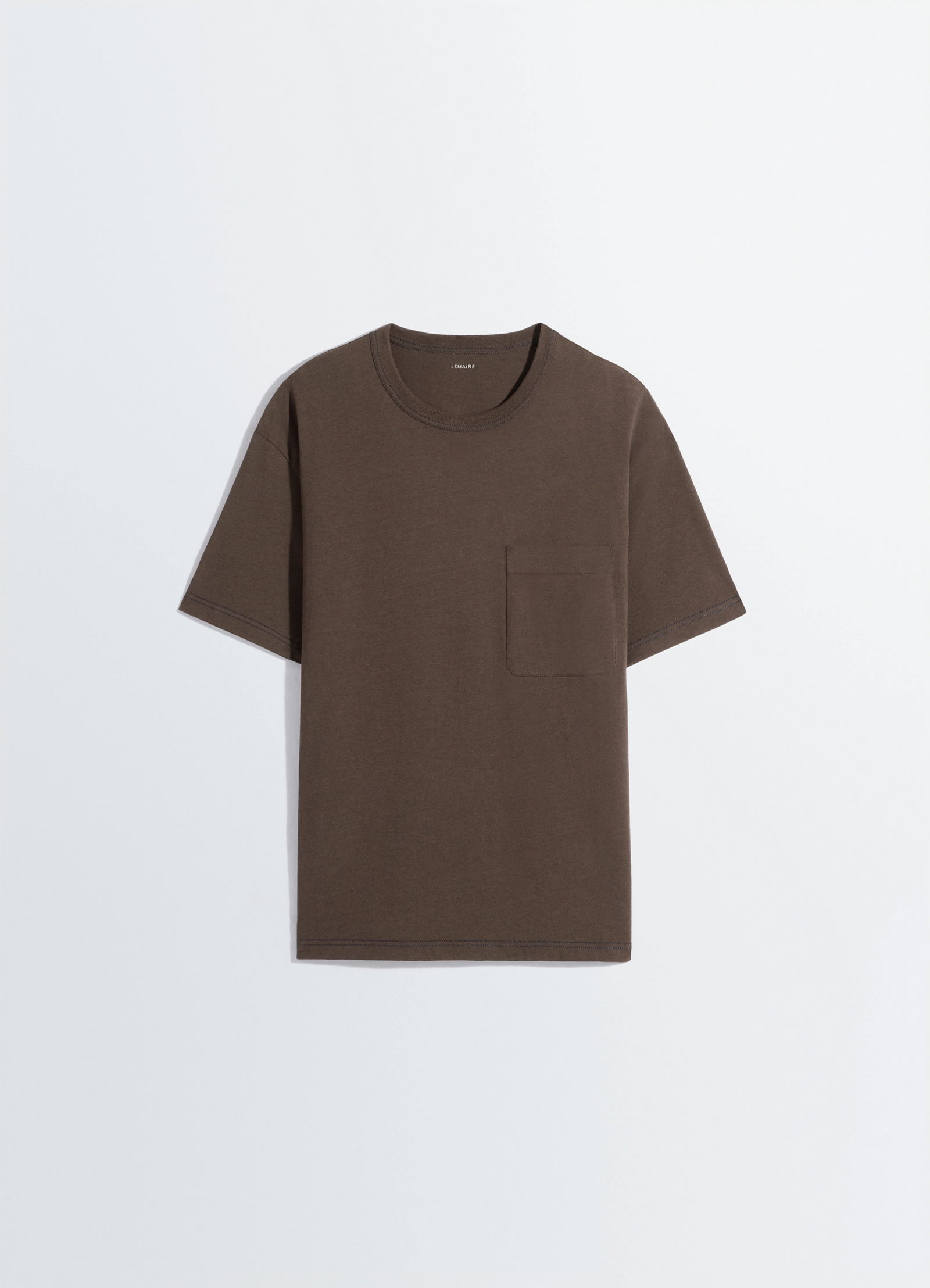 Lemaire boxy short sleeve t-shirt in brown linen cotton jersey, product shot, back view crew neck detailing