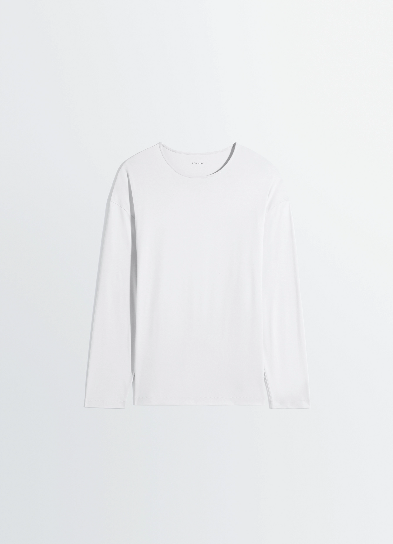 Lemaire long-sleeved t-shirt in cotton silk, product shot, side detail view drop shoulder seams