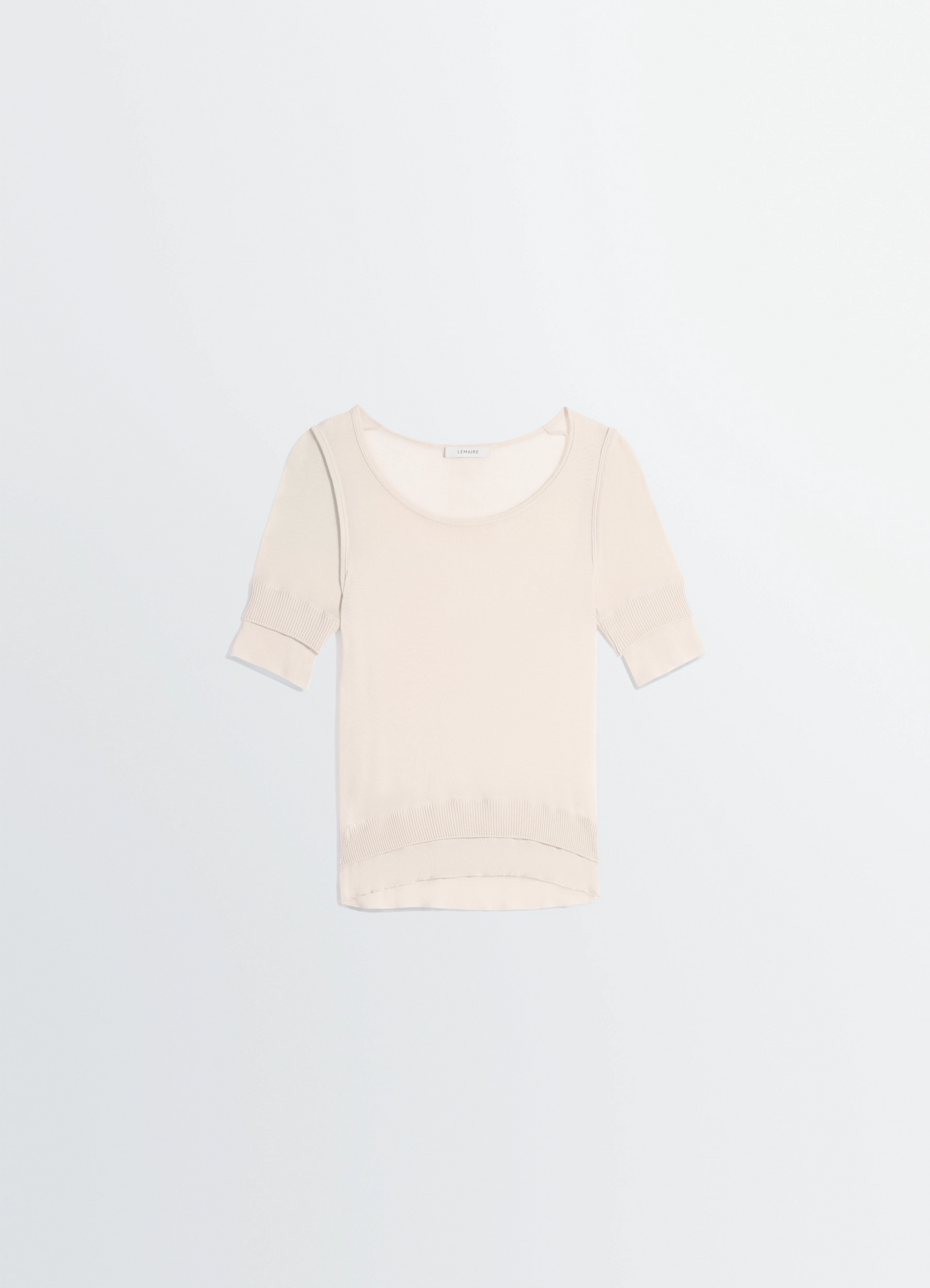 Seamless trompe loeil top in viscose silk, product shot, back view scoop neck short sleeve