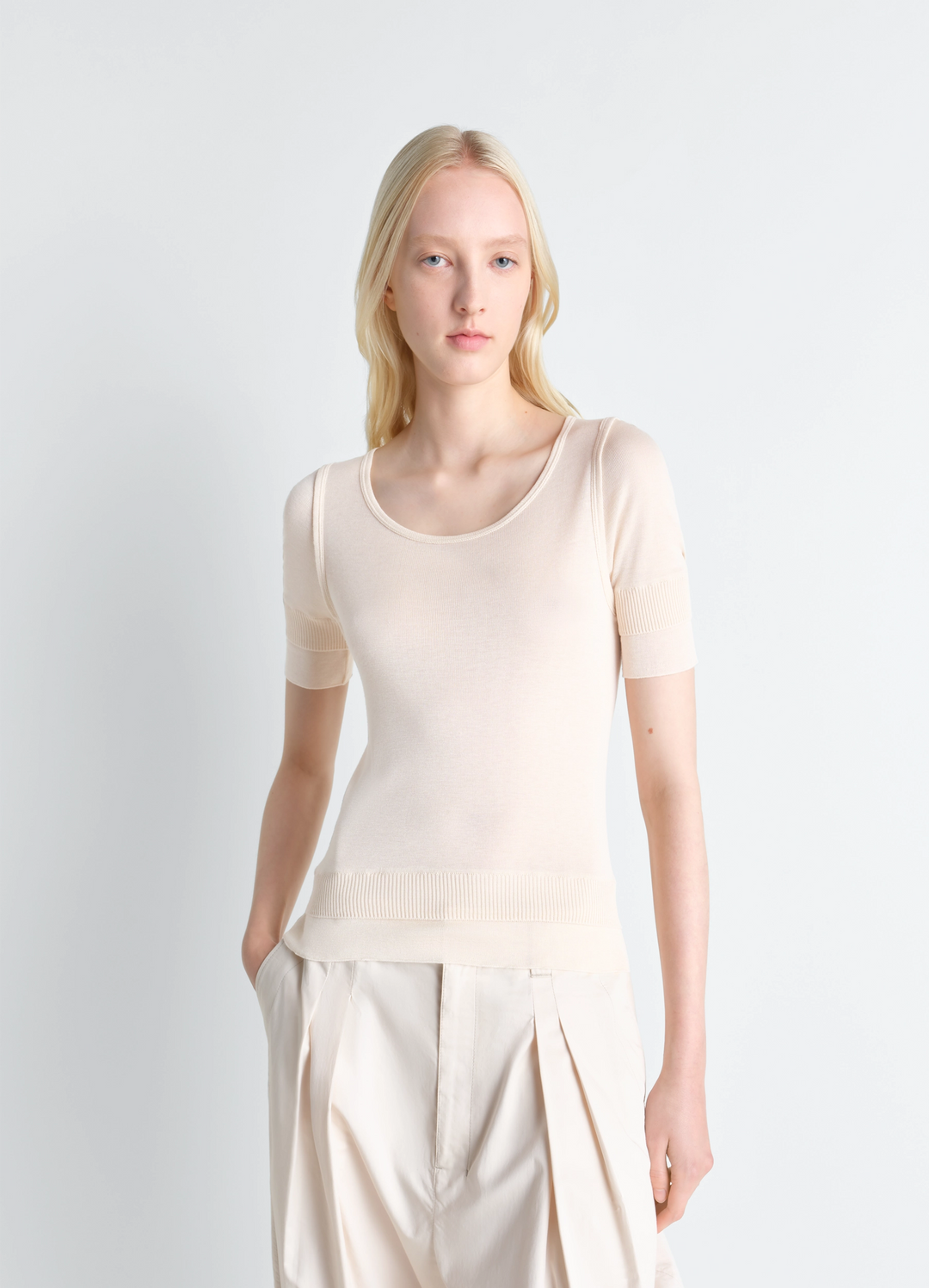 Seamless Trompe LOeil Top in Viscose Silk, model shot, Front view Fitted cut