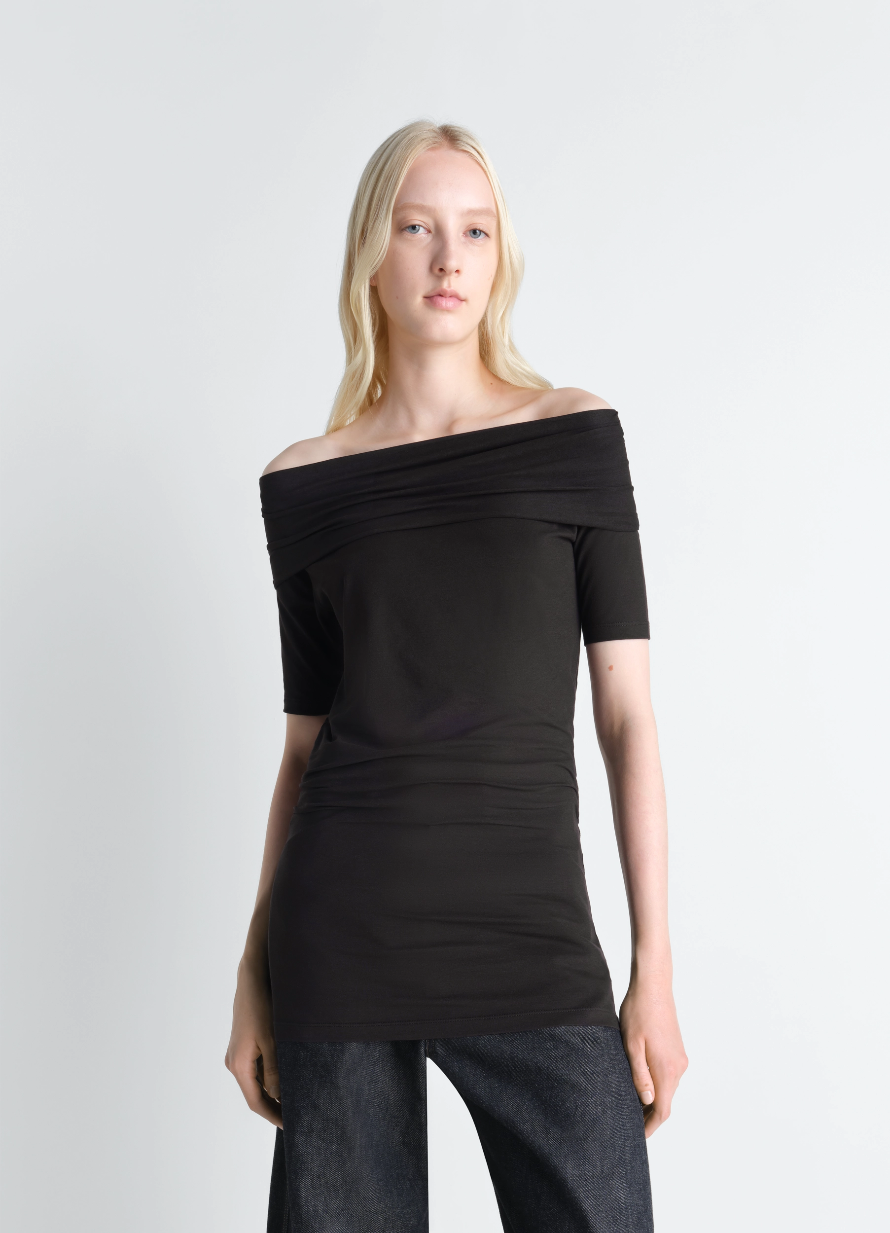 SHORT SLEEVE TWISTED TOP IN COTTON CREPE JERSEY - Black - Cotton