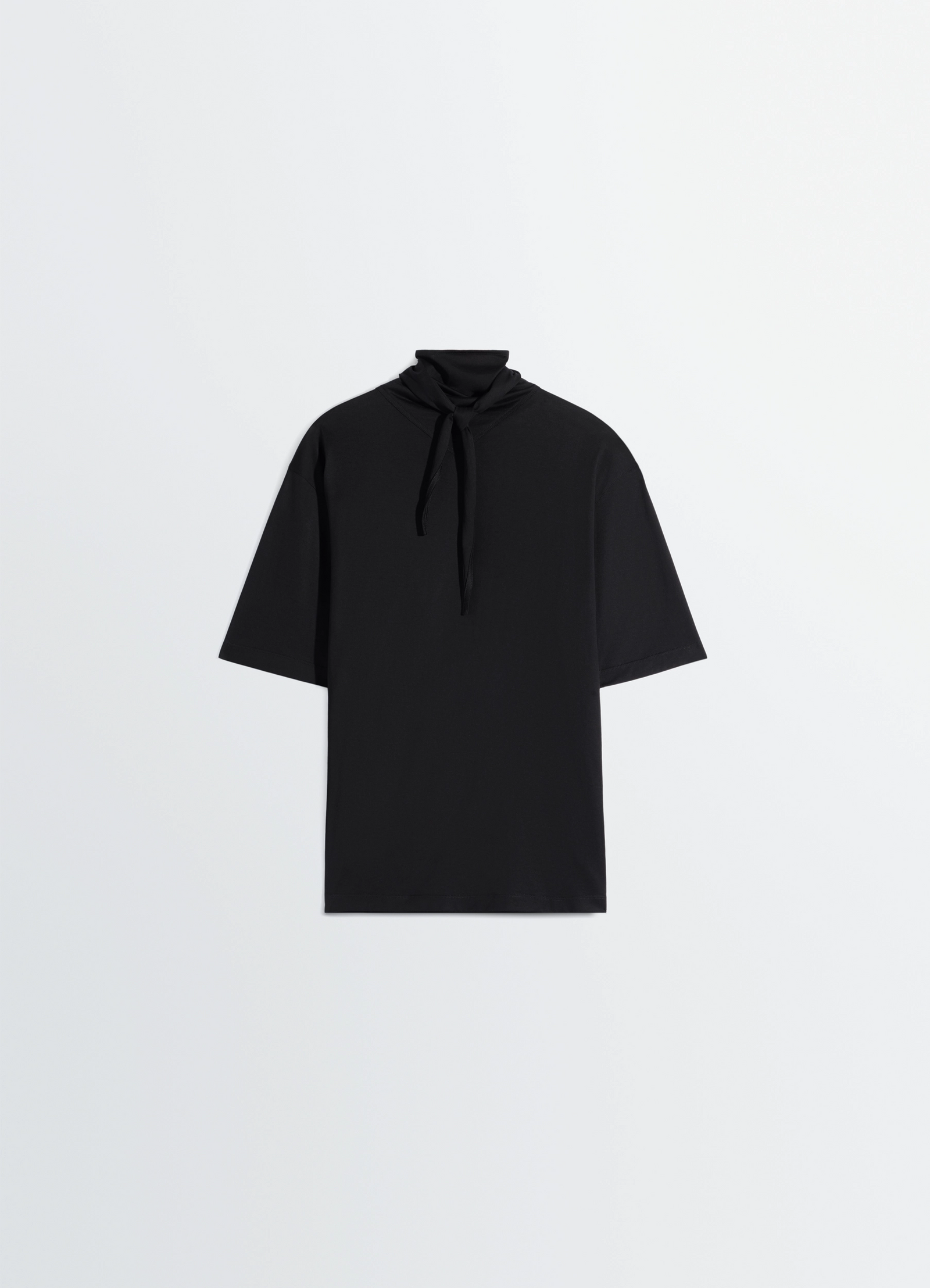 Lemaire t-shirt with foulard in black cotton jersey, product shot, back view draped loose cut