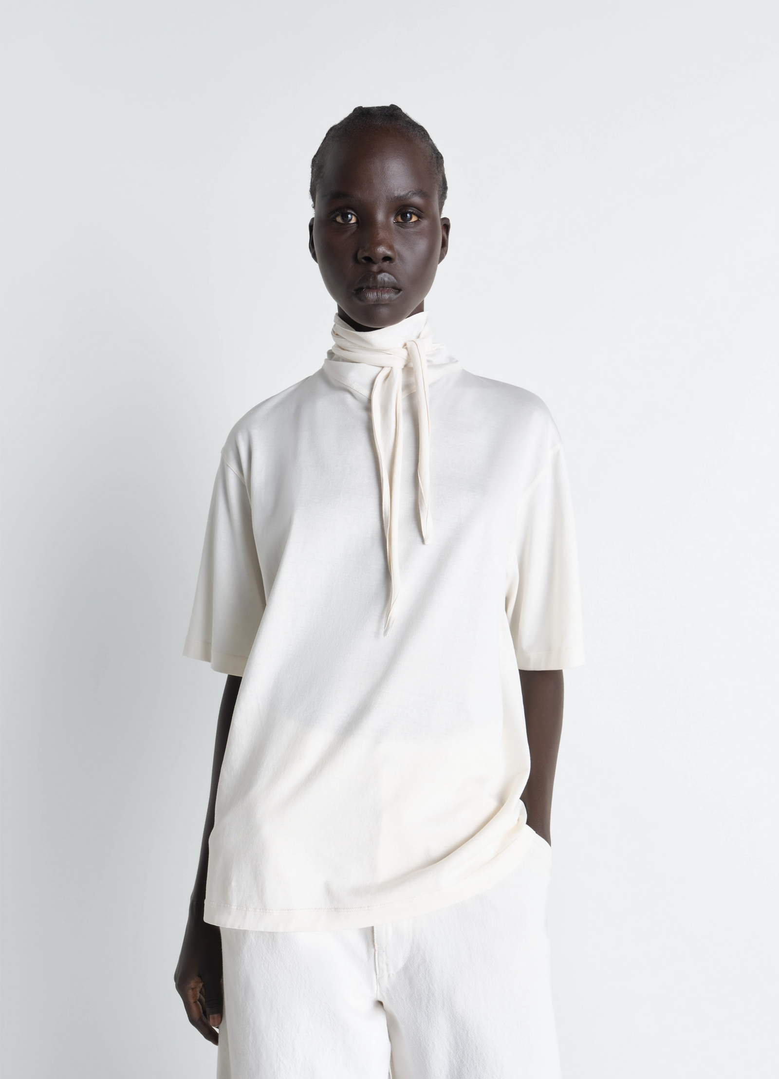 Lemaire t-shirt with foulard in light mercerised cotton jersey, model shot, front view boxy fit with scarf detail