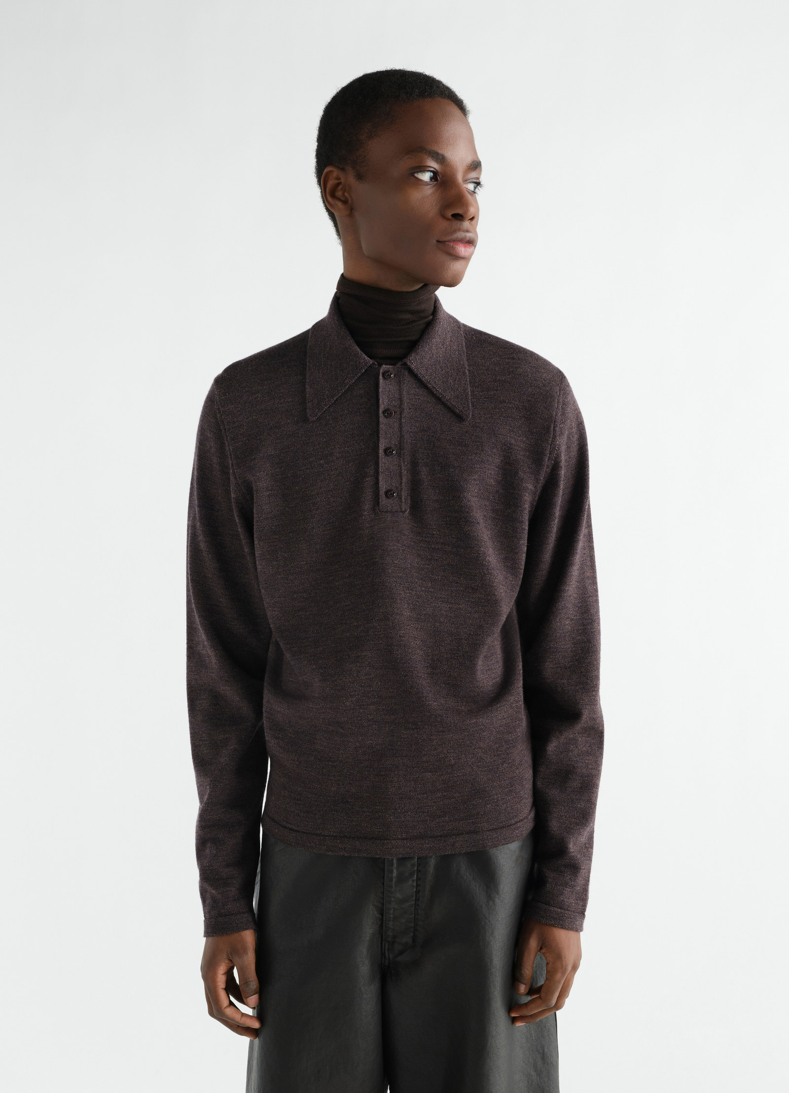 Long-sleeve polo in fine mouliné merino wool