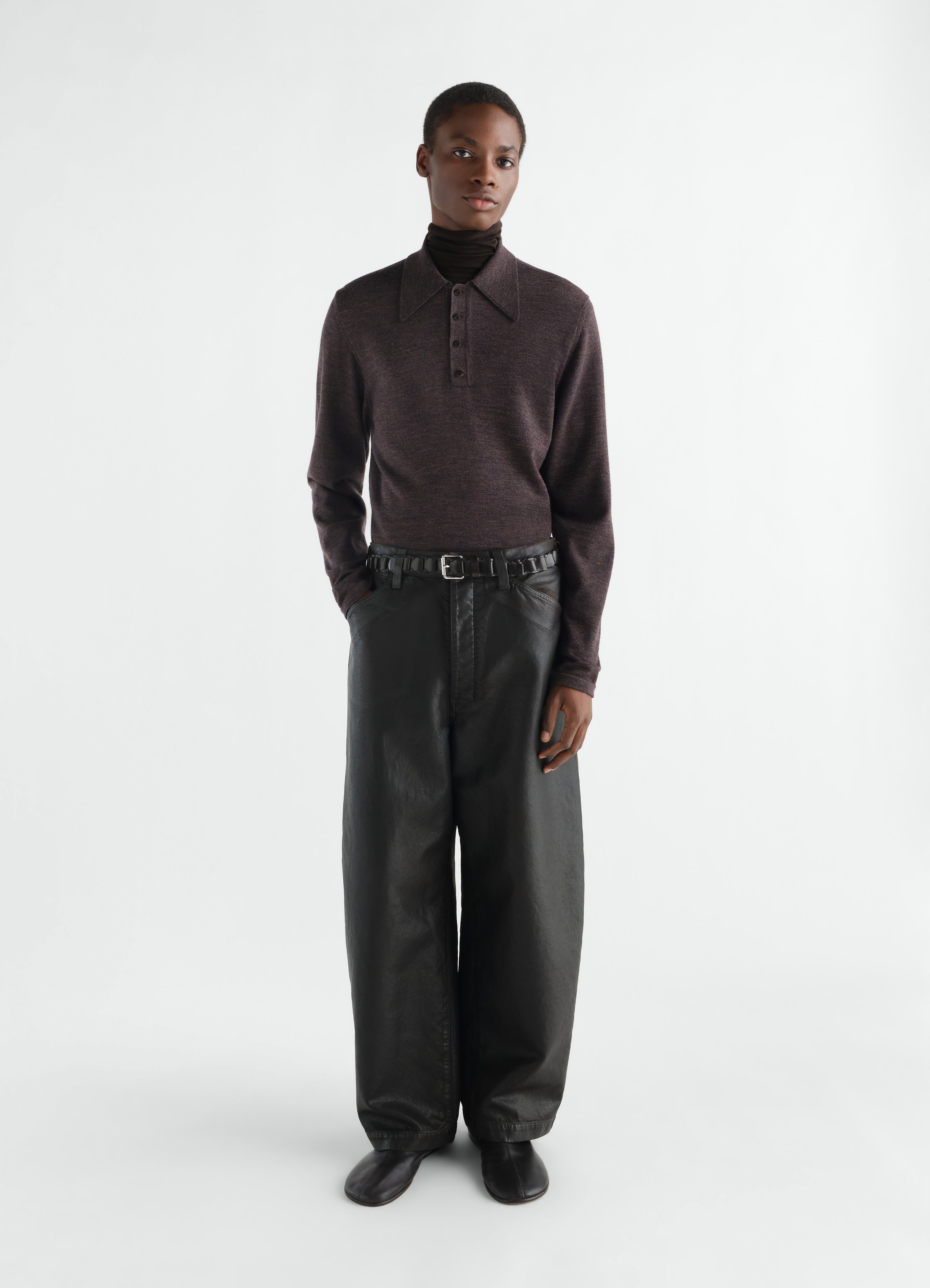 LONG-SLEEVE POLO IN FINE MOULINÉ MERINO WOOL - Ecorce - Fine
