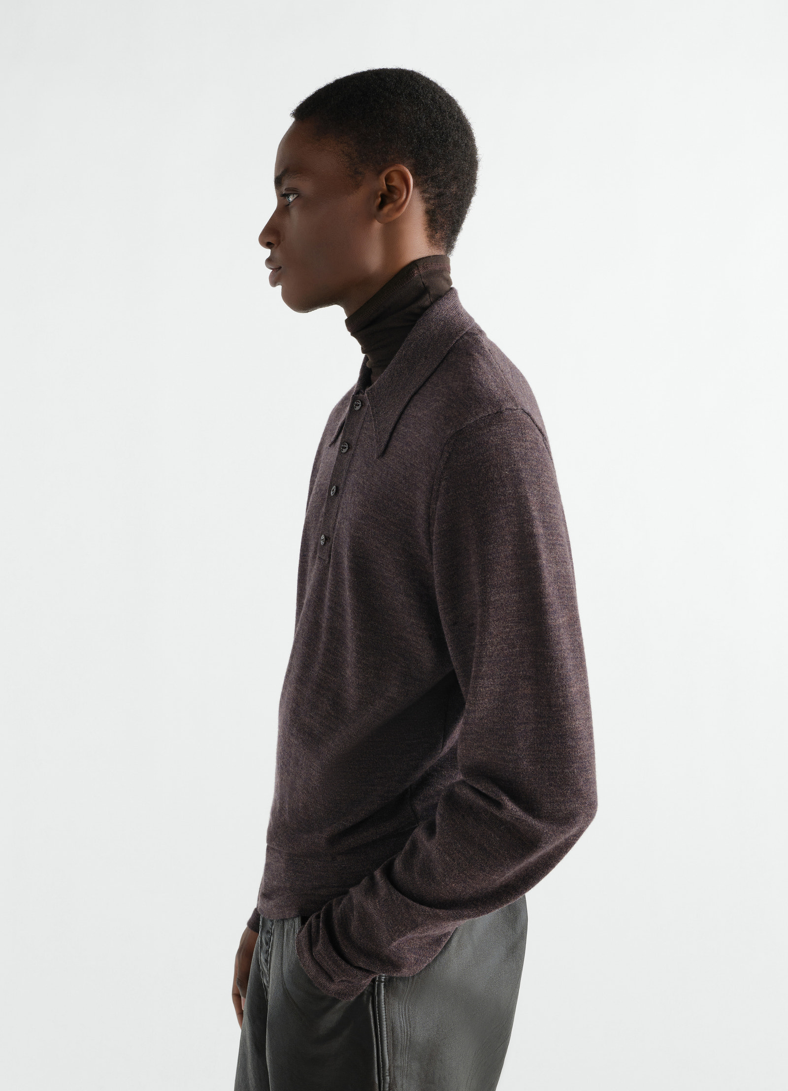 Long-sleeve polo in fine mouliné merino wool