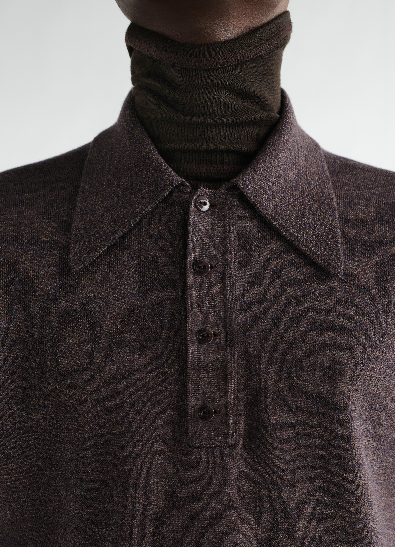 Long-sleeve polo in fine mouliné merino wool