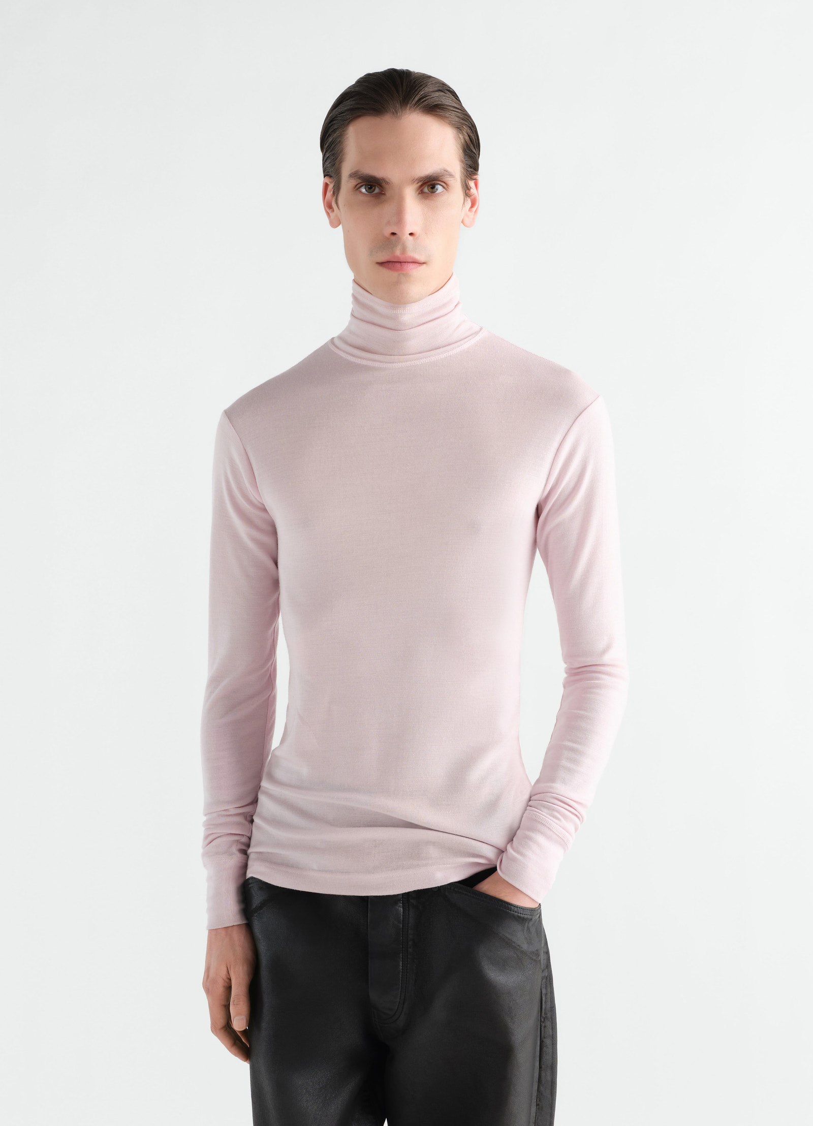 Stand-collar wool and silk jersey top in light pink worn by model front view lemaire