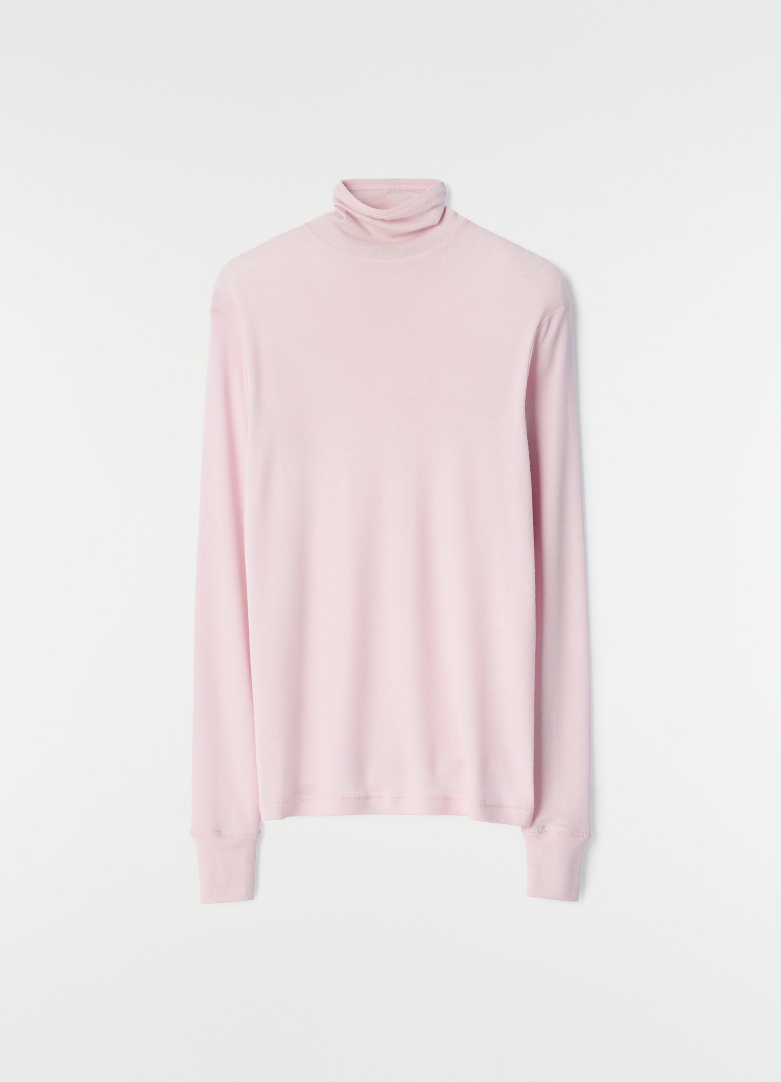 Stand-collar pink wool silk jersey top by lemaire on plain white background, front view