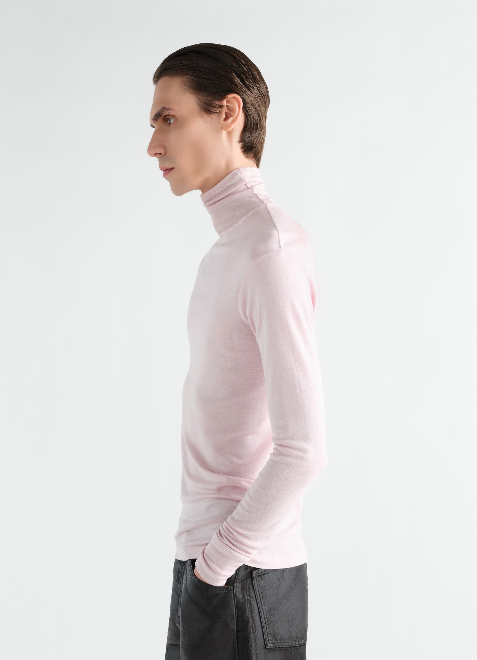 Stand-collar pink wool and silk jersey top by lemaire worn by model side view
