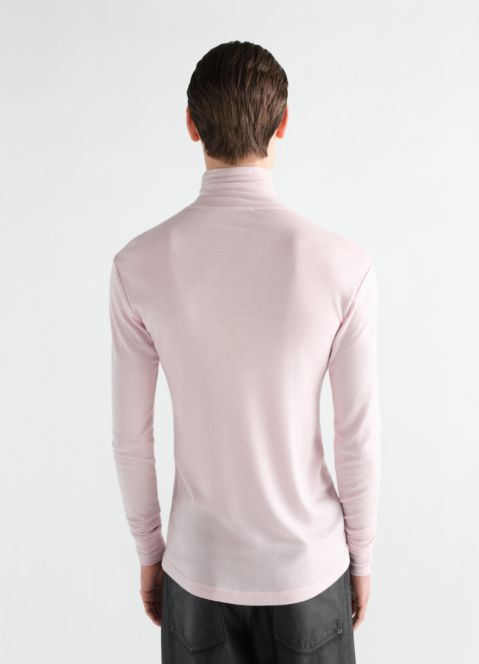 Stand-collar wool and silk jersey top in light pink by lemaire worn by model back view