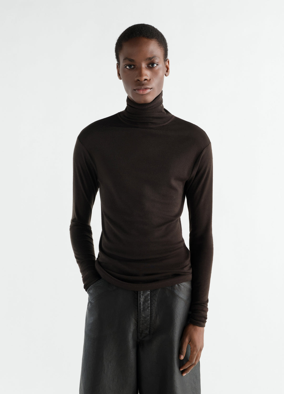 Stand-collar wool and silk jersey top dark brown LEMAIRE worn by a model front view