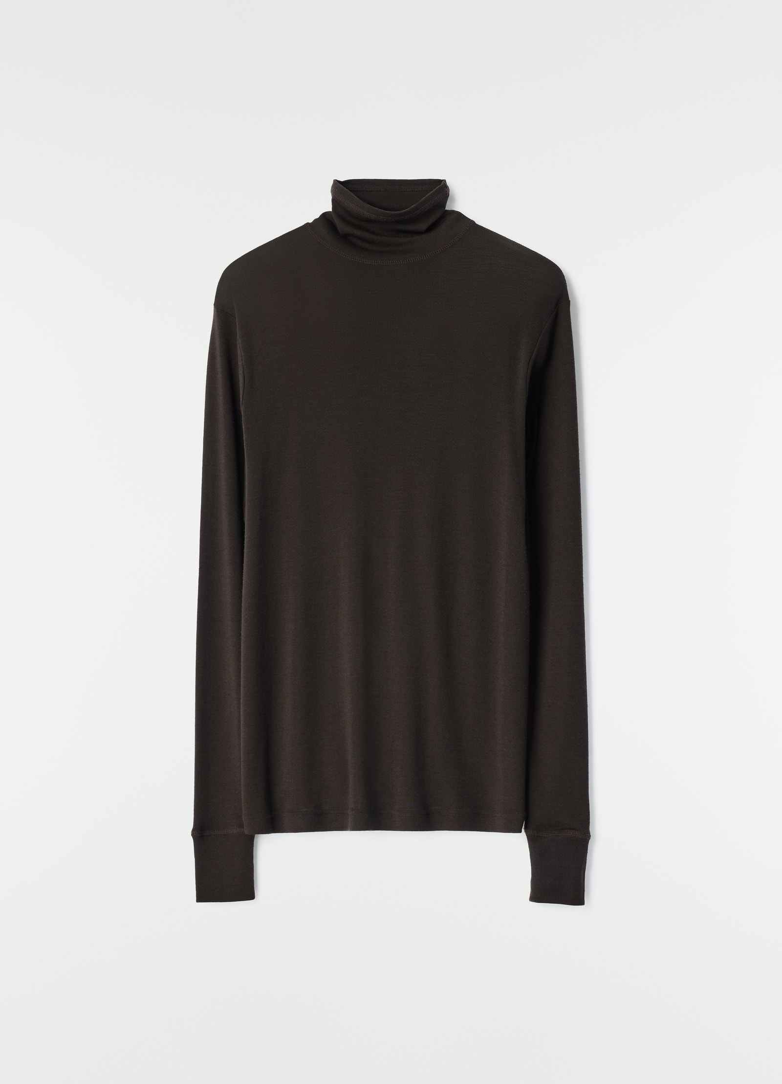 Stand-collar top in dark brown wool and silk jersey by lemaire plain white background front view