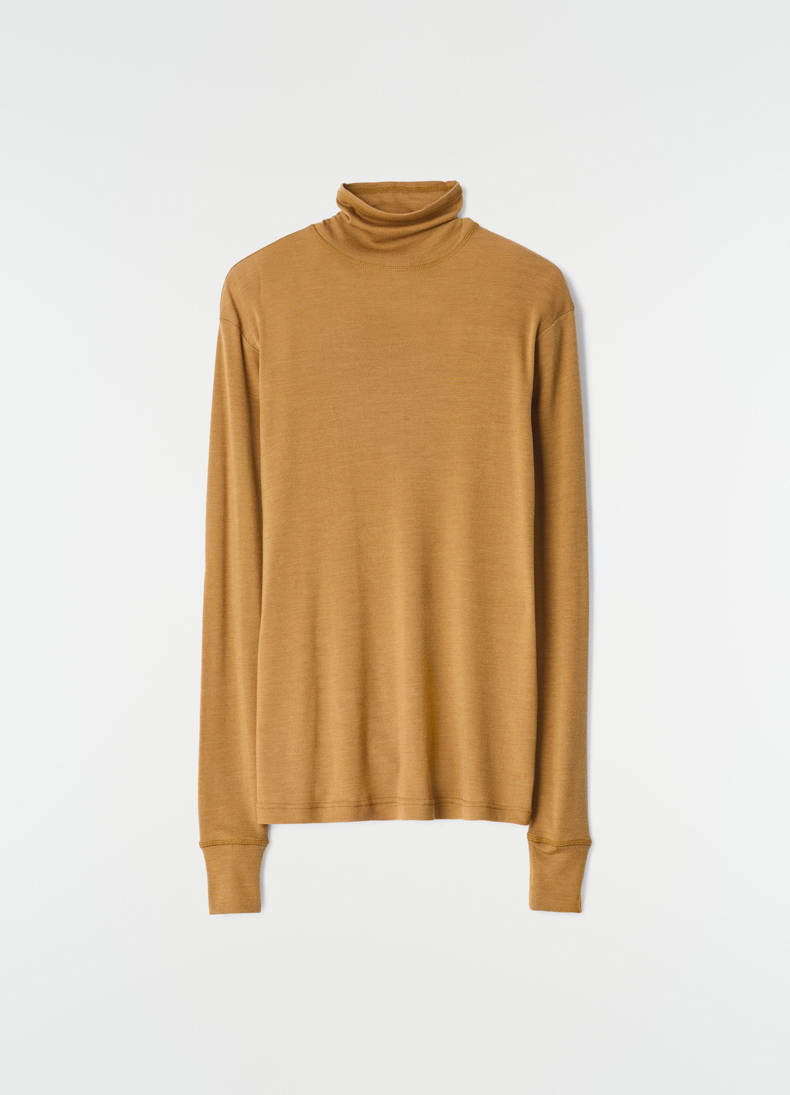 Stand-collar wool and silk jersey top in camel by lemaire flat lay on white background