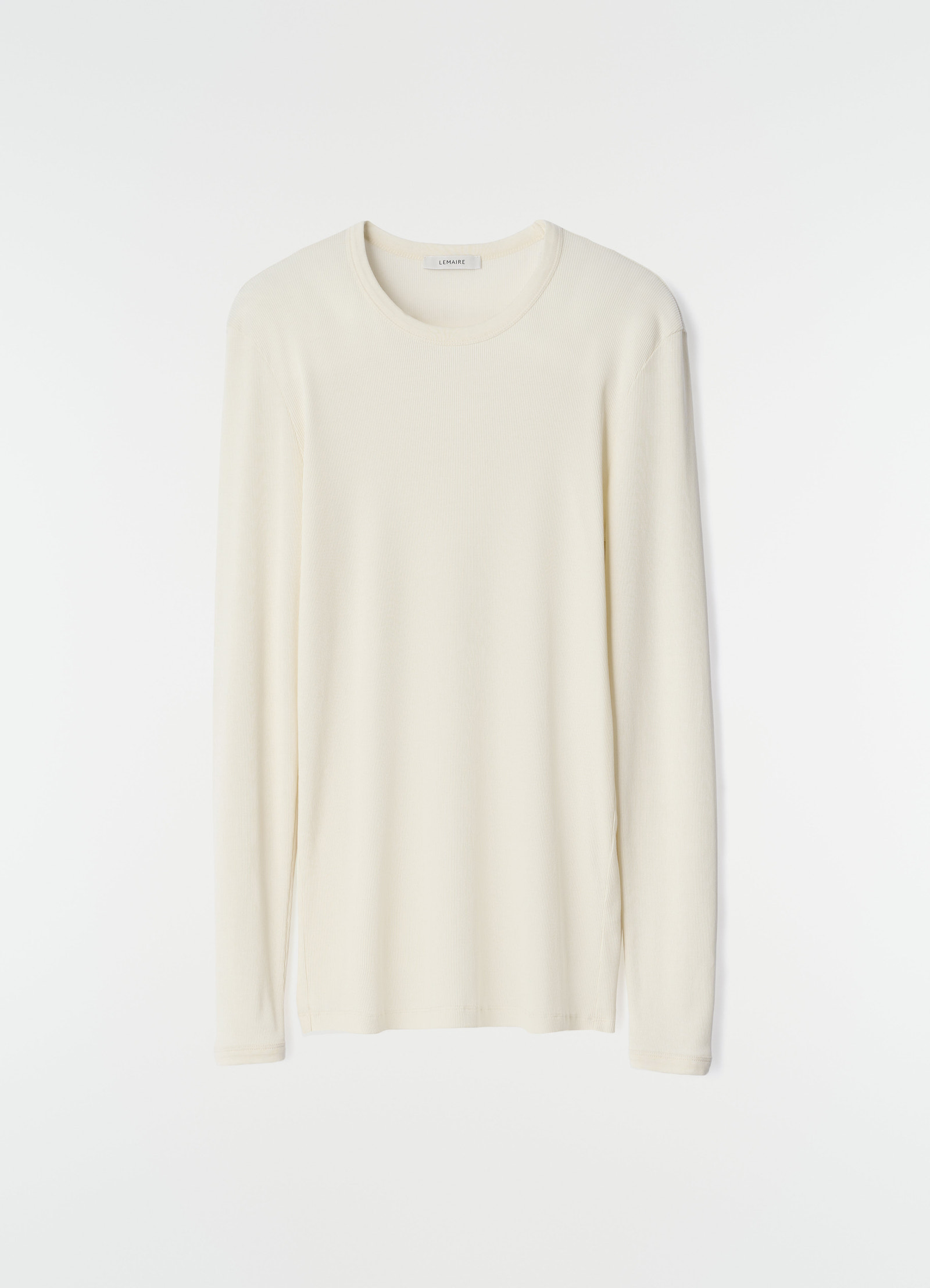 Long-sleeve cream ribbed jersey top lemaire front view on plain white background
